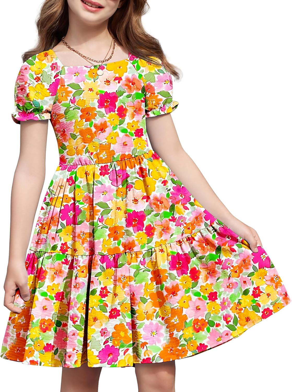 Arshiner Girls Summer Dress Tie Back Short Sleeve Square Neck Tiered Midi Casual Dresses with Pockets
