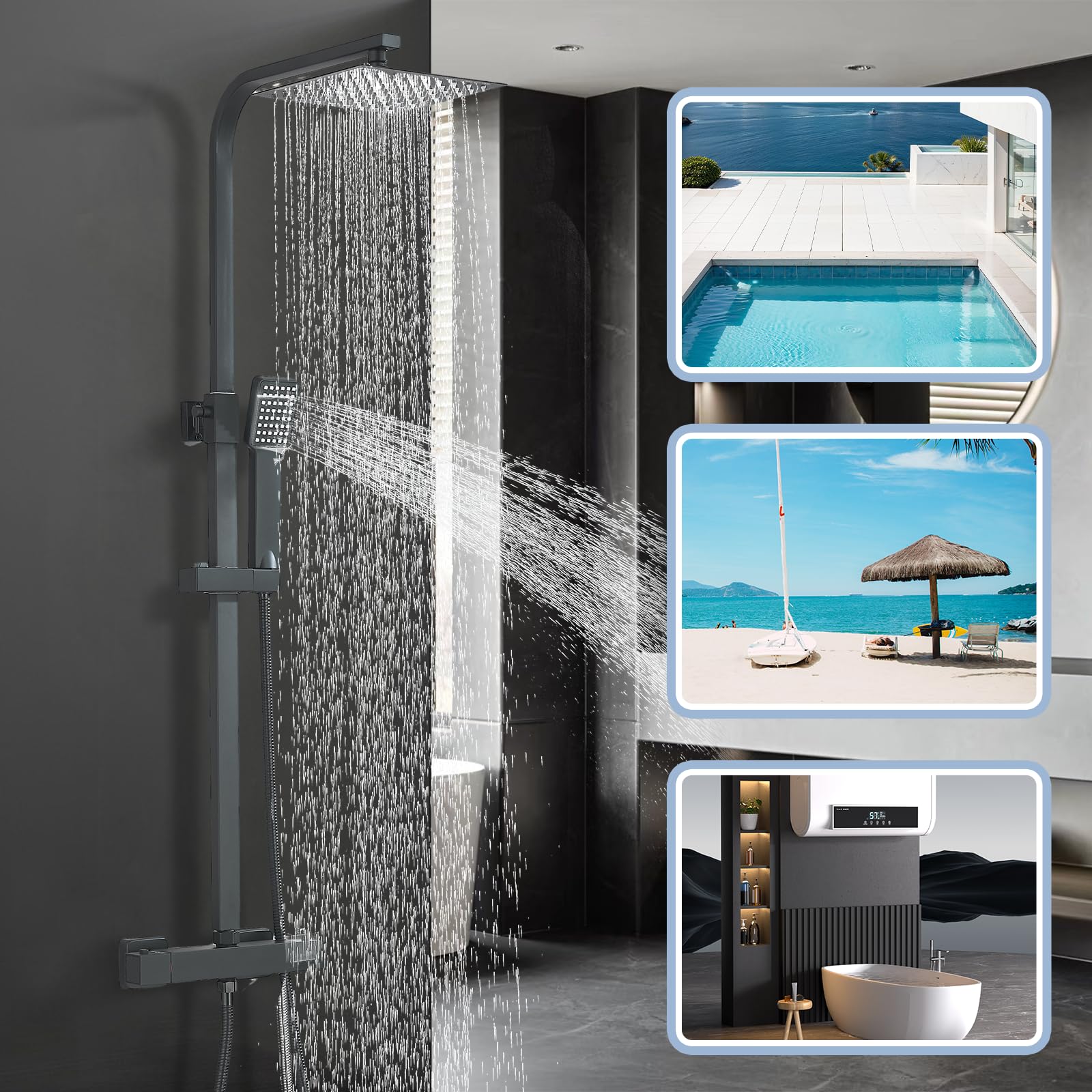 Noir Colonne de Douche Thermostatique avec Mélangeur Ensemble de Douche Réglable en Hauteur Pluie Pommeau de Douche Carré avec Douchette à main Acier Inoxydable
