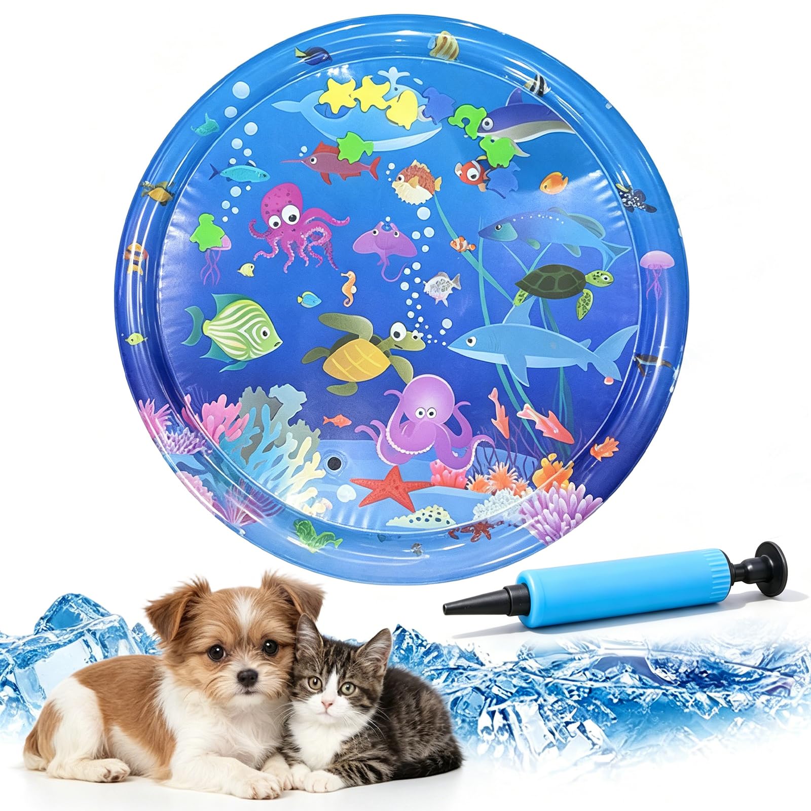 Pet Water Sensory Mat, 37.4" Large Cat Water Mat with Floating Fish, Interactive Cooling Mat for Cats & Dogs, Thickened Leak-Resistant Water Play Mat, Indoor Outdoor Pet Enrichment Toy (Round-11)