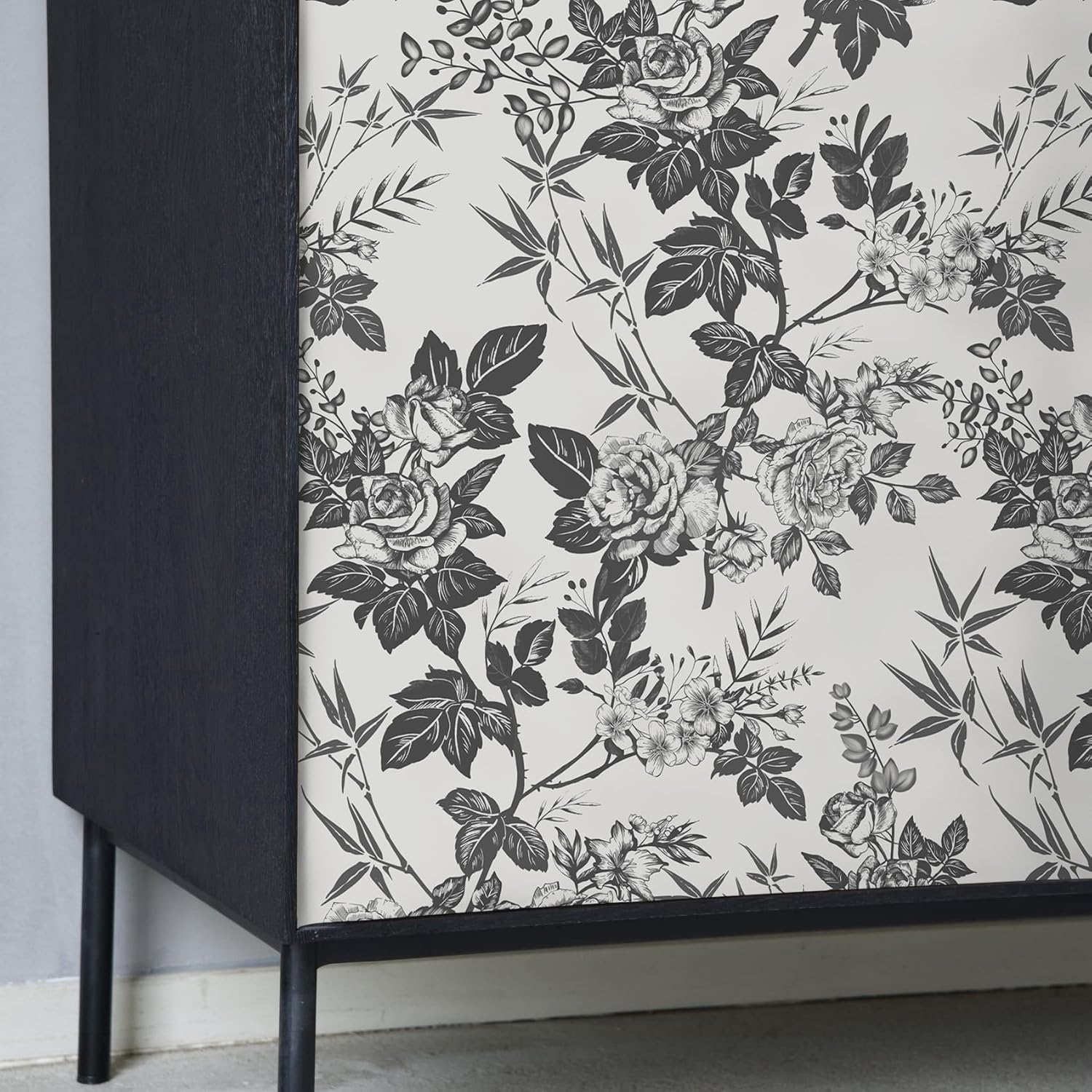 Rugreat Vintage Floral Wallpaper Peel and Stick Boho Rose Flower Contact Paper for Cabinets 393inL 17.3inW Self Adhesive Removable Wallpaper for Bathroom Waterproof Botanical Floral/Leaf Black/White