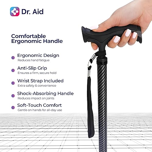 Miniatura 5 de Dr. Aid Tripod and fourpod Walking Cane for Men & Women Premium Carbon Fiber Black Cane Foldable & Adjustable Heavy-Duty 3-pronged Walking Stick for