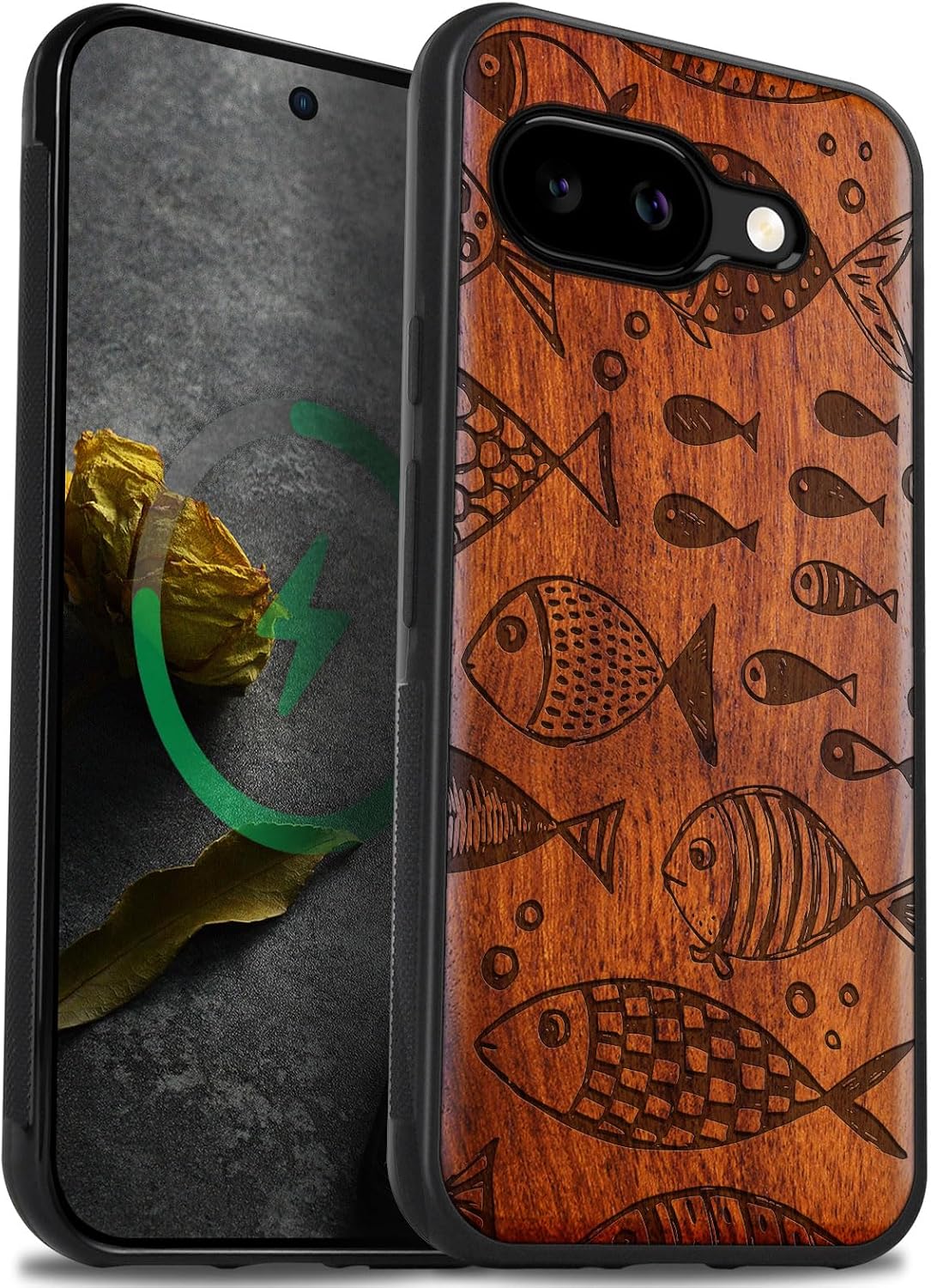 Carveit Magnetic Wooden Case for Google Pixel 9a Case, Wood Artisan Engraved & Soft TPU Shockproof Cover, Compatible with MagSafe Wireless Chargers (Whimsical Fish) Rosy