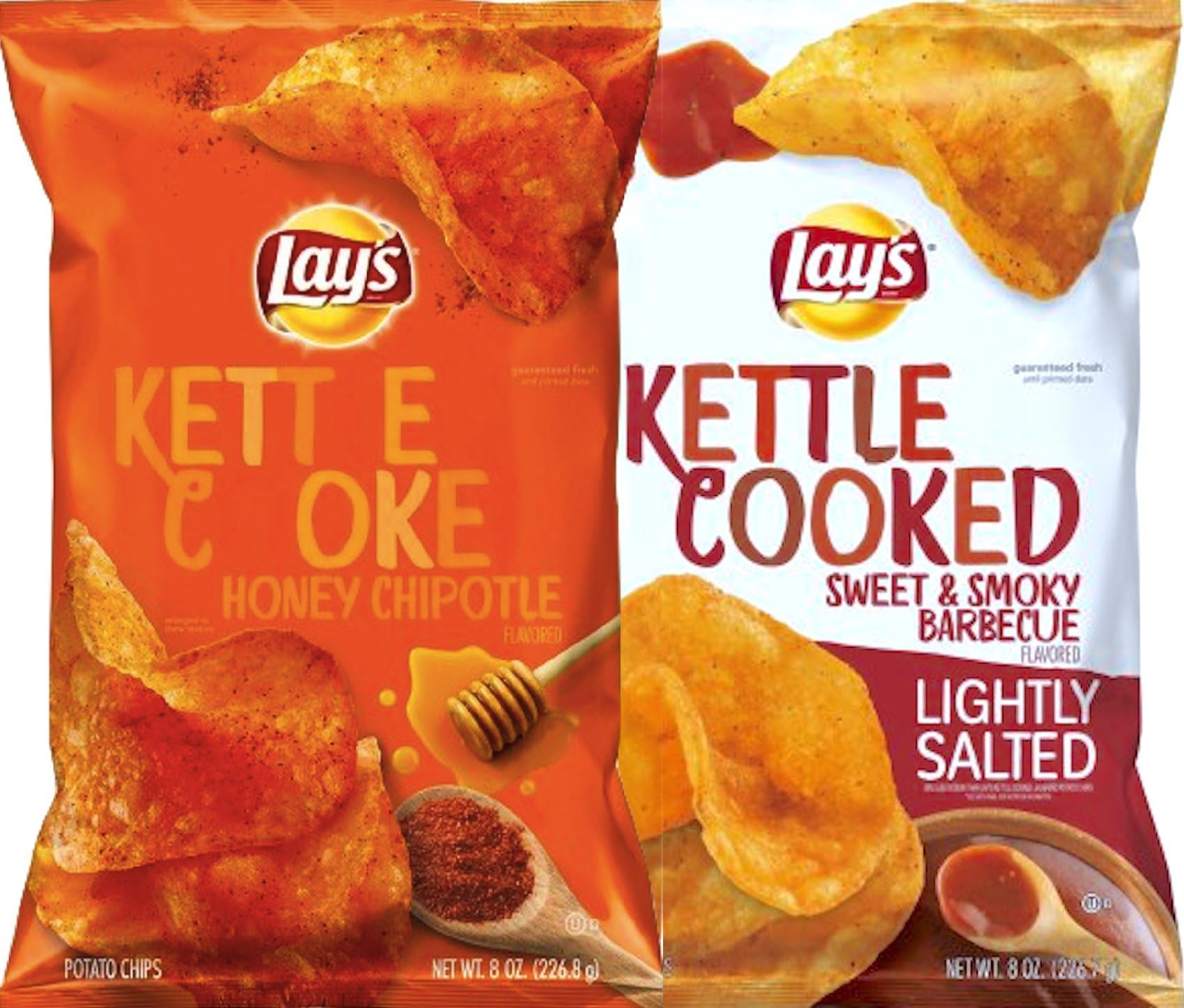 Lay's Kettle Cooked Honey Chipotle & Sweet & Smoky Barbecue, Lightly Salted, Flavored Potato Chips - 8oz (2)