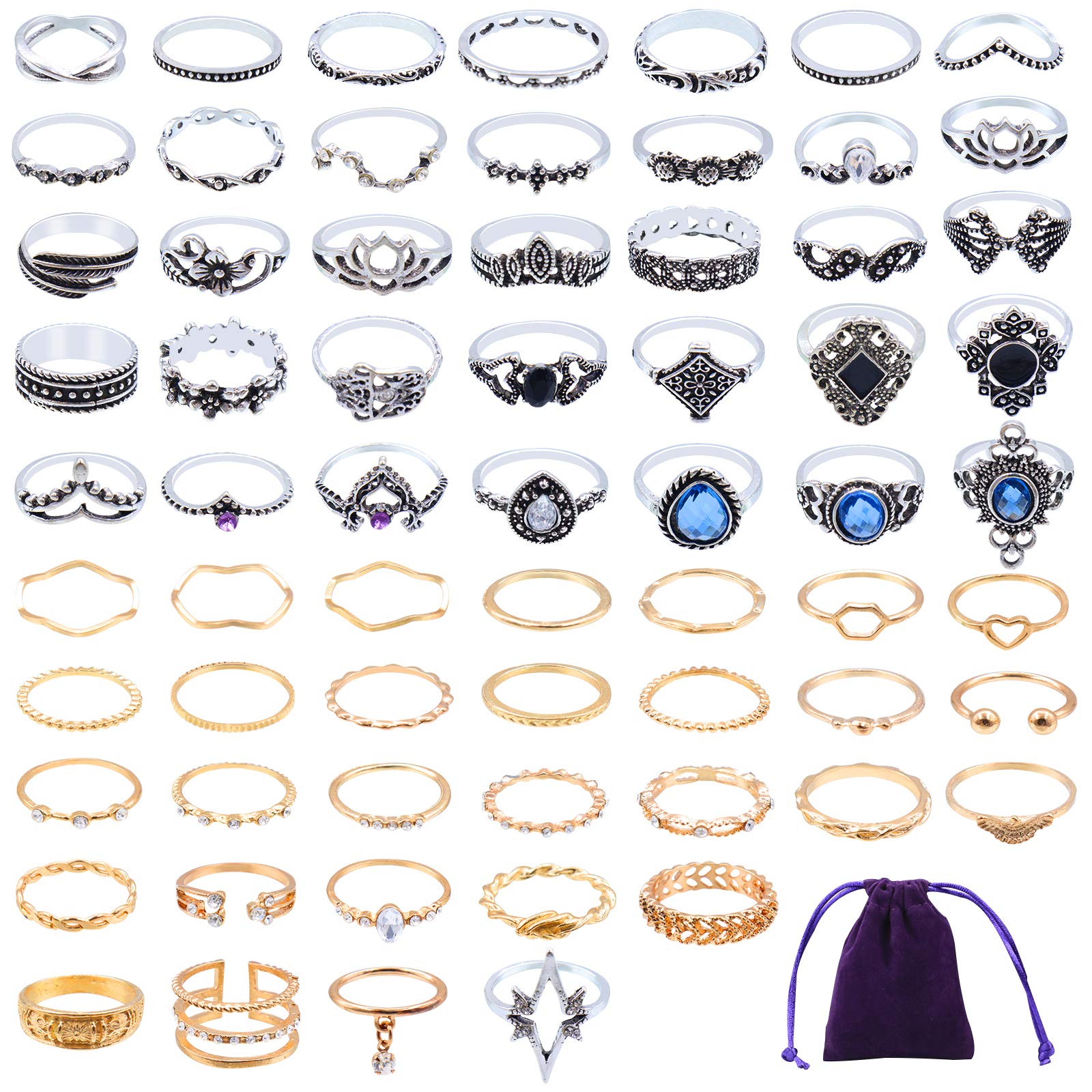 65 Pcs Vintage Knuckle Rings Set Women Stacking Rings Hollow Carved Flowers Bohemian Retro Vintage Finger Rings Best Gifts for Women Girls