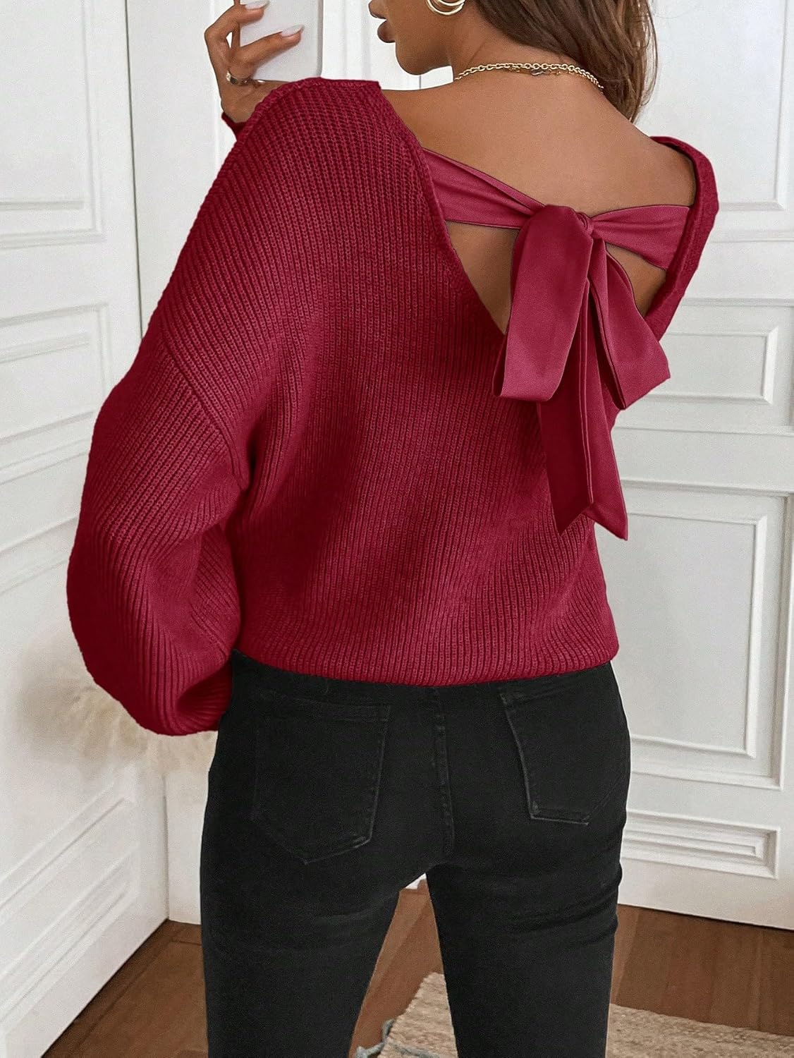 Women's Off The Shoulder Pullover Bow Tie Crew Neck Long Sleeve Sweater Cute Trendy Cozy Sweaters - Image 3