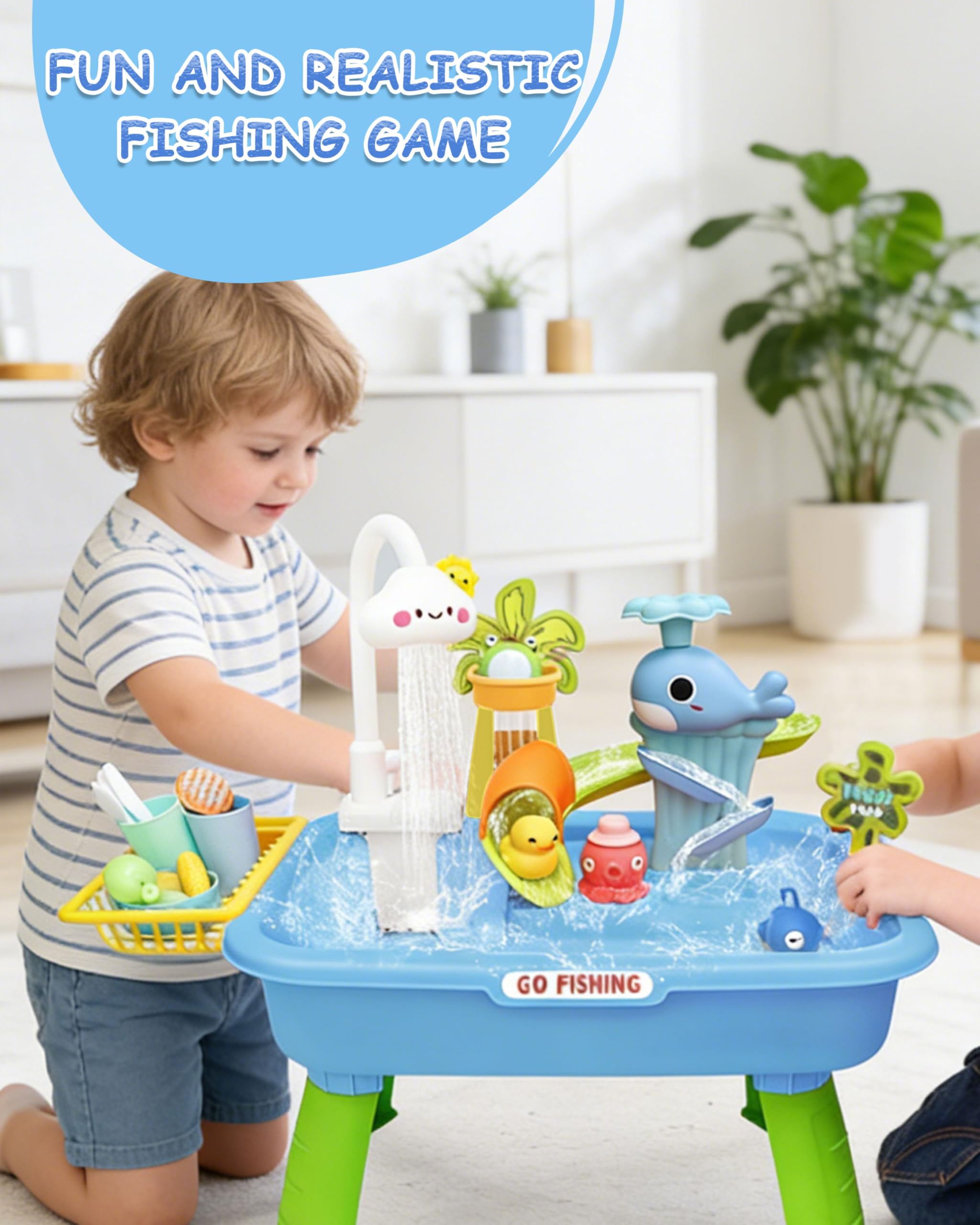 4-in-1 Electric Water Table for Toddlers 3-5, Kids Play Sink with Running Water & Cloud Faucet, Toddler Outdoor Water Table with Fishing Game & Accessories, Sensory Birthday Gift for Boys Girls ﻿ — view 5