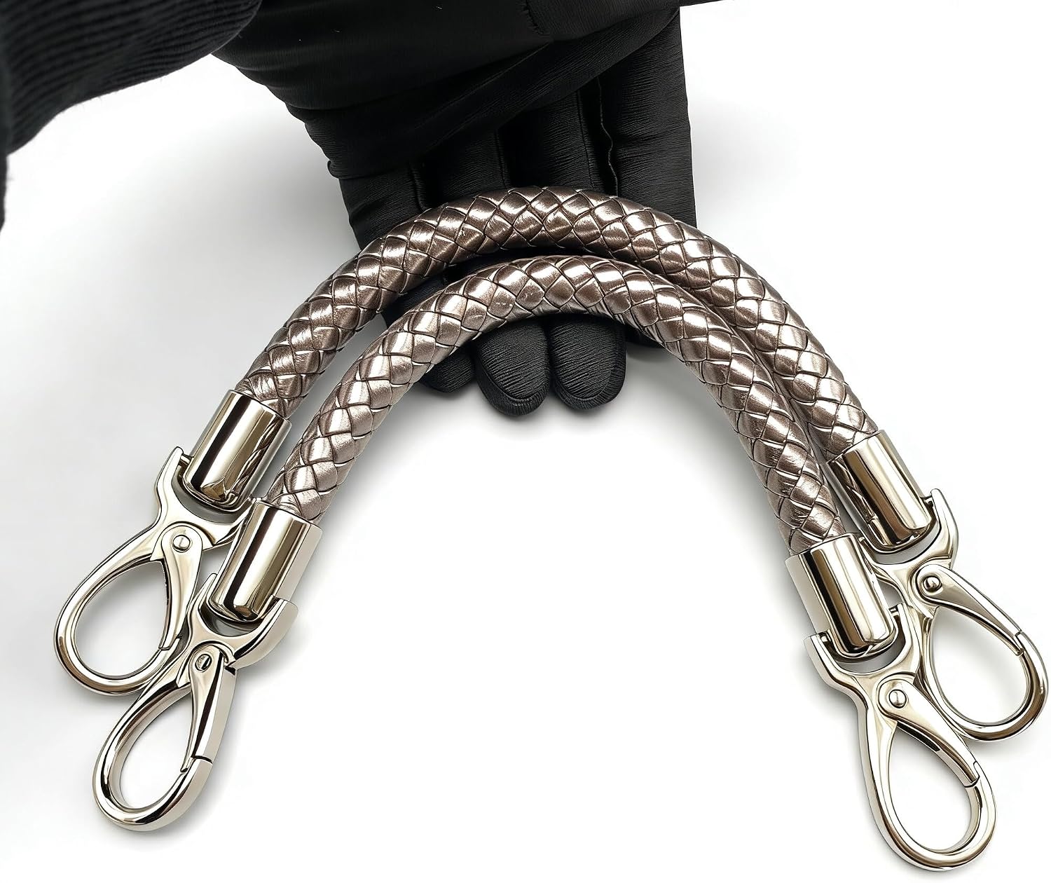 3dancraftit A Pair of Crochet Braided Faux PU Leather cope Bag Purse Handles with Nickel Hooks Purse Making Replacement 12" / 30.5cm Gray T165