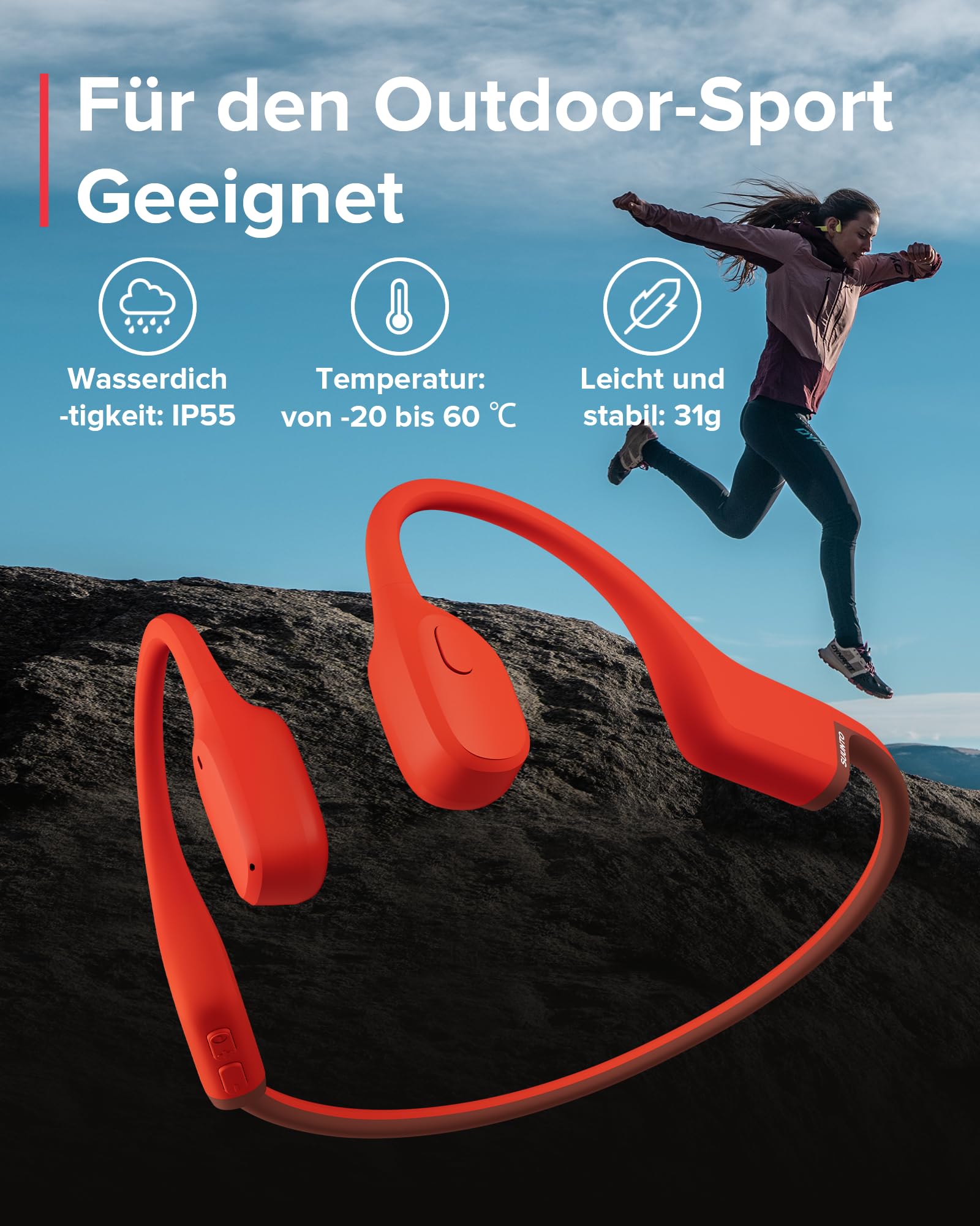 SUUNTO Sonic Knochenschall Kopfhörer, Open-Ear Bone Conduction Bluetooth Sport Kopfhörer, Verbesserter Bass, IP55 Wasserdicht, 10 Stunden Lange Akkulaufzeit, Ideal für Laufen & Radfahren, 31g