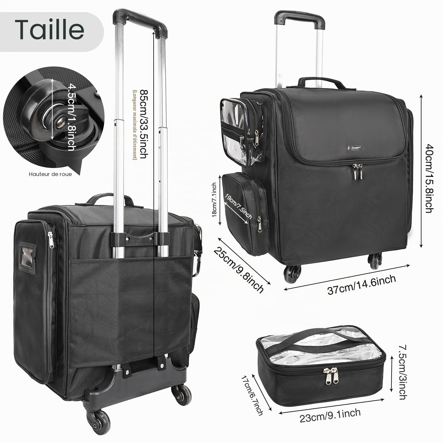 Valise cosmétique roulante, sac de voyage pour coiffeur avec 4 roues, isolation thermique, séparateurs réglables, outils pour cheveux et cosmétiques - Organisateur de rangement à roulettes, Noir ,