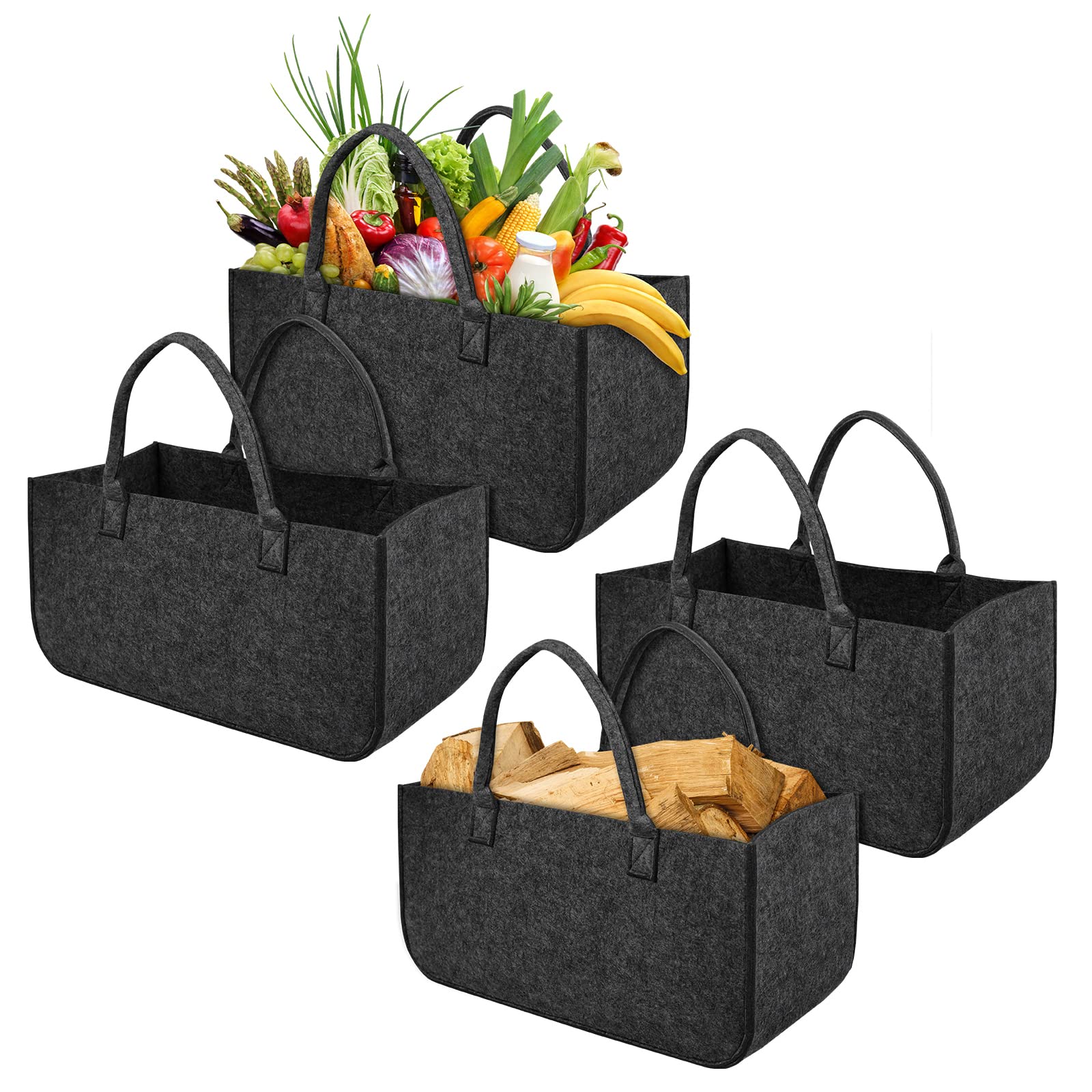 YRHome 4 Stück Kaminholztasche Filz Tasche Filztasche Filztaschen Faltbar Shopper Kaminholz Einkaufstasche Spielzeugtasche bis zu 30KG 50 x 25 x 25 cm Dunkelgrau