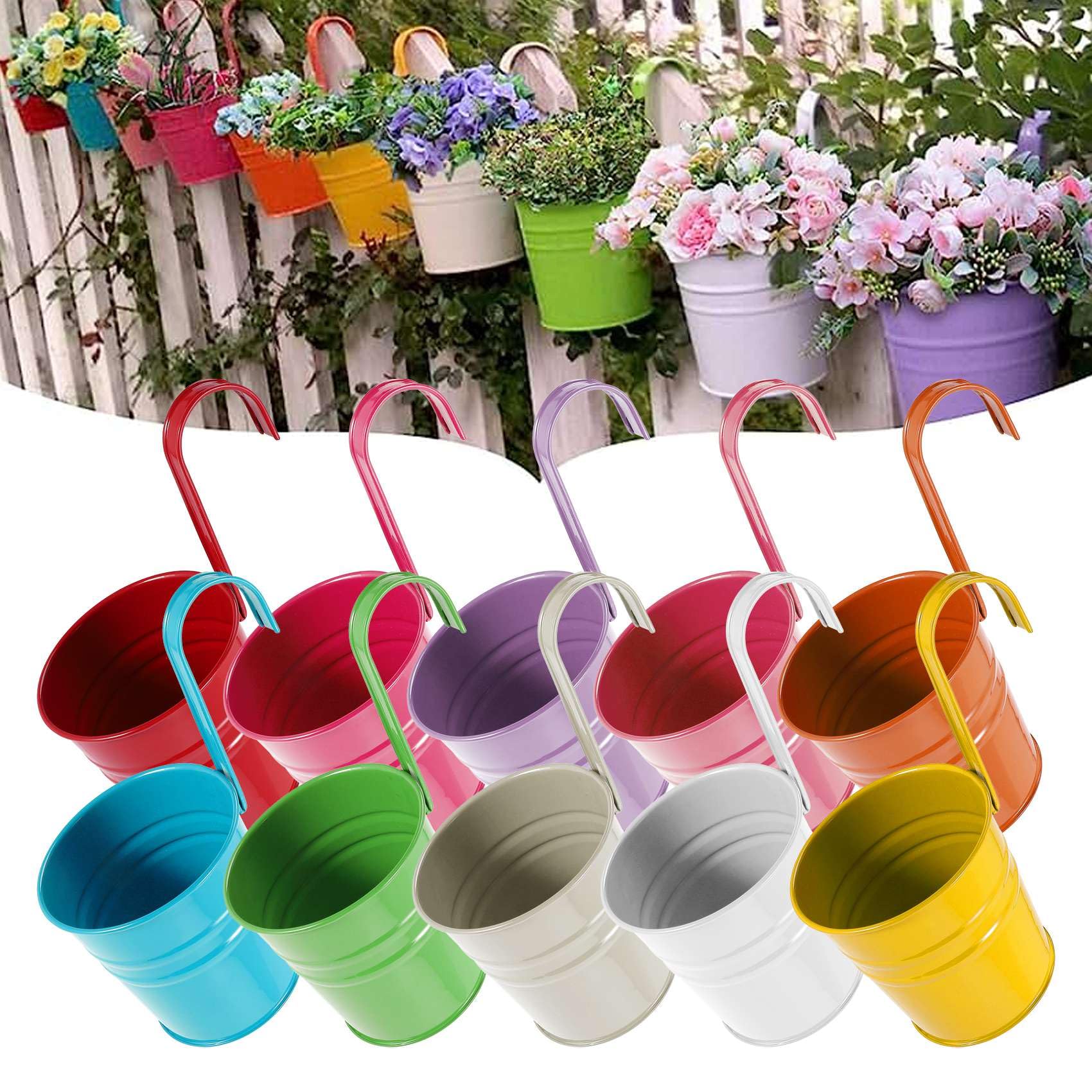 Lot De 10 Pots De Fleurs Suspendus En Fer - 13cm - Multicolores Pour Balcon Et Jardin