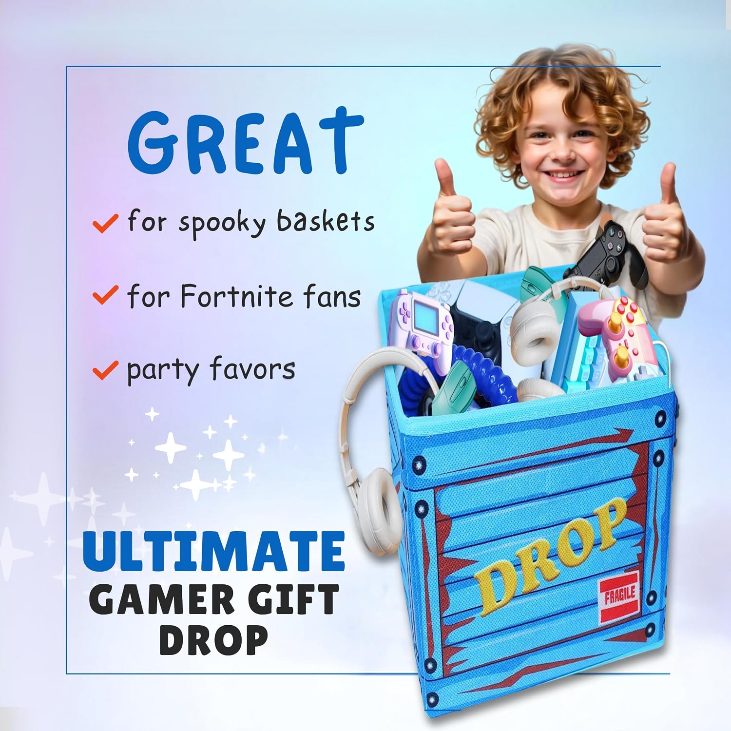 TidyFriend 4 Pack Large Fabric Loot Box with Lid 18”x14”x14”, Durable & Collapsible Toy Storage, Toy Chest and Storage Basket for Stuffed Animal Storage, Gaming Gear, Gift Basket - Fun Bright Colors