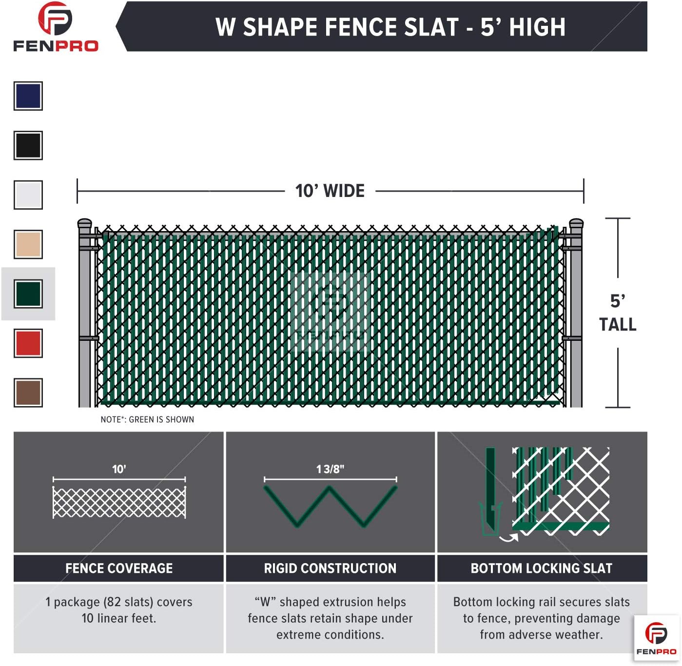Chain-Link W Shape Bottom Lock Fence Slats (5-ft, Green)