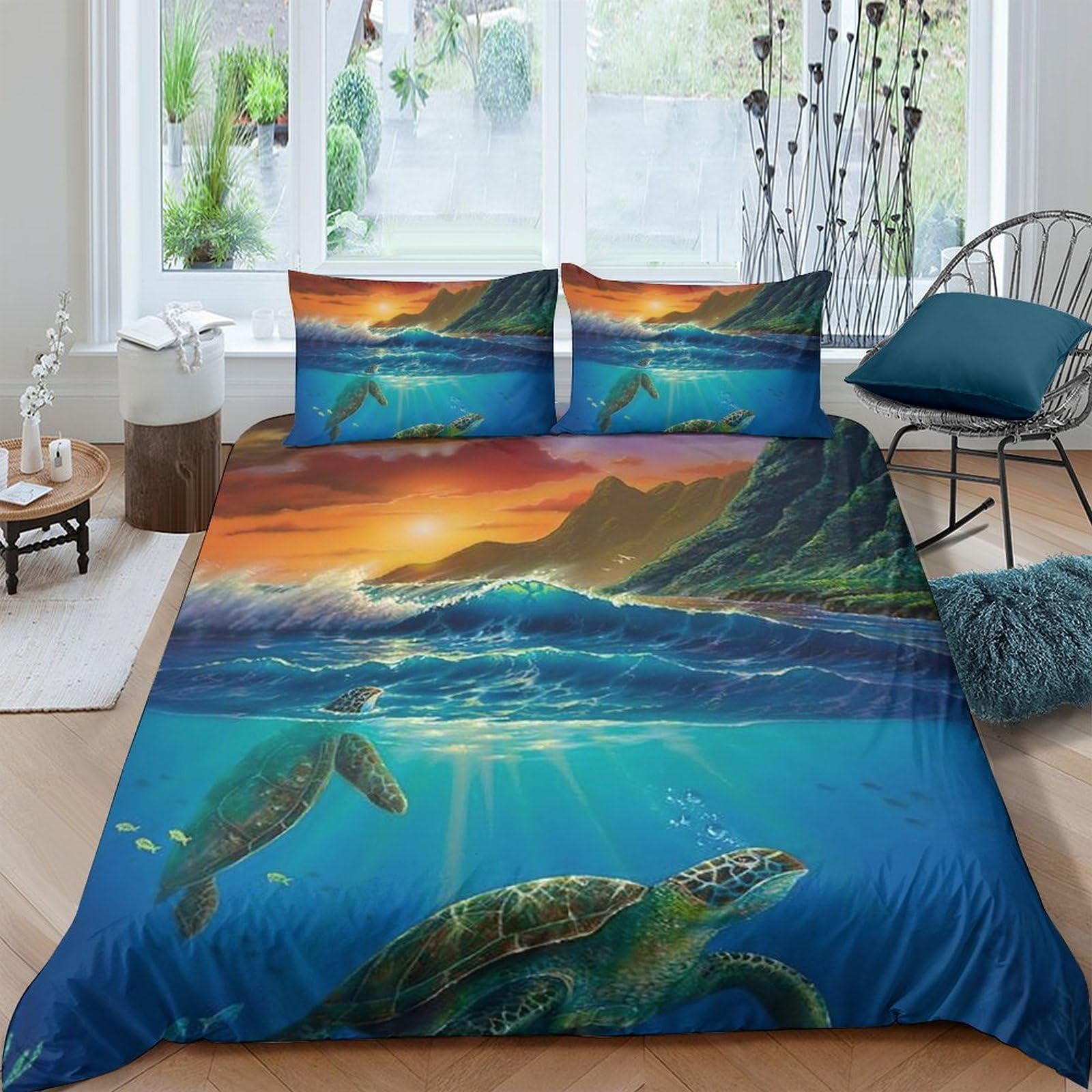 Ctjqhvkz Style-4 3D Printed Ocean Sunset Fitted Sheet Microfiber Soft Turtle Bed Cover For Bedroom Guest Room Mattress Decor Single（135X200cm）
