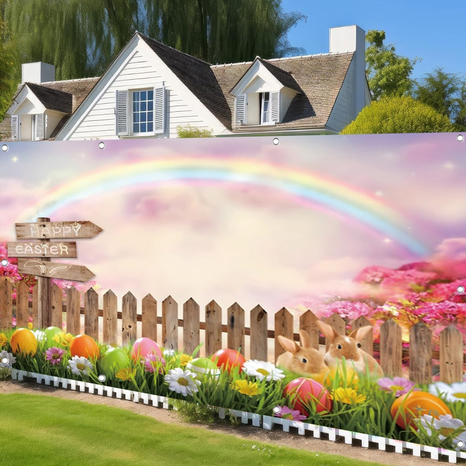 OERJU Easter Garage Door Banner Cover Mural Rabbit Colorful Eggs Fence Rainbow Happy Easter Garage Door Decorations Bunny Spring Holiday Party Decor Supplies Indoor Outdoor Wall Cover 7x16ft