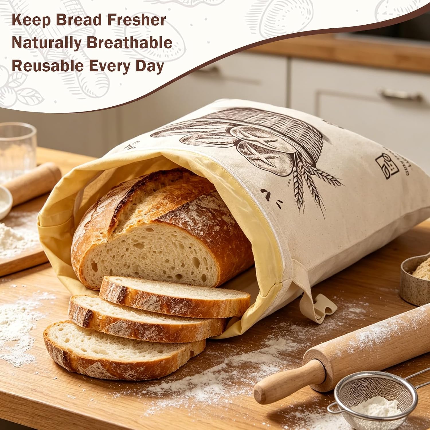 Beeswax Bread Bag for Sourdough Homemade Bread Storage | PVC writable card and display label holder,User Manual & Care Guide,Cotton,Waterproof zipper closure,Roll-top buckle design