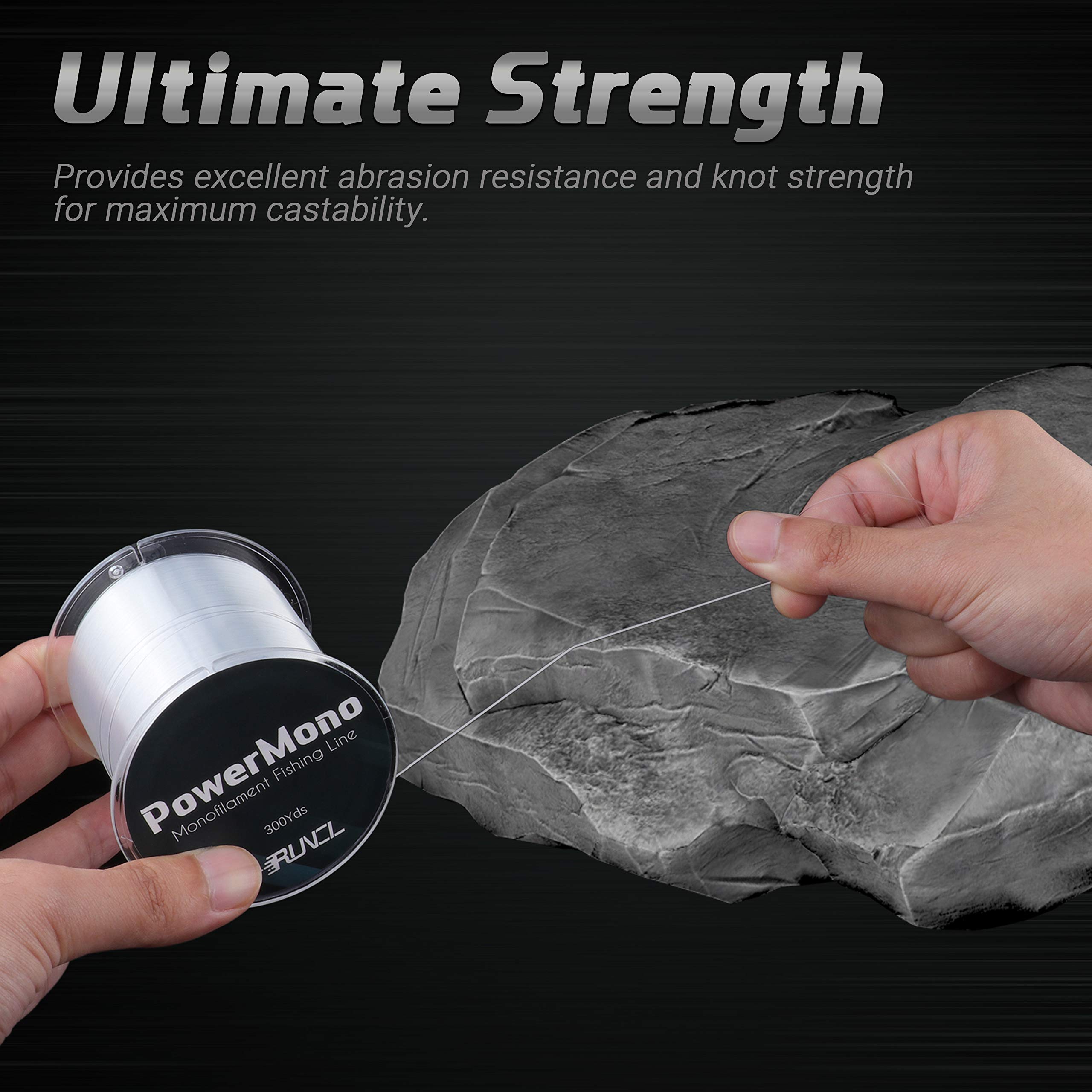 RUNCL PowerMono Fishing Line, Ice Monofilament Fishing Line 300/500/1000Yds - Ultimate Strength, Shock Absorber, Suspend in Water, Knot Friendly 3-35LB, Low & High-Vis Available, Gift Decoration