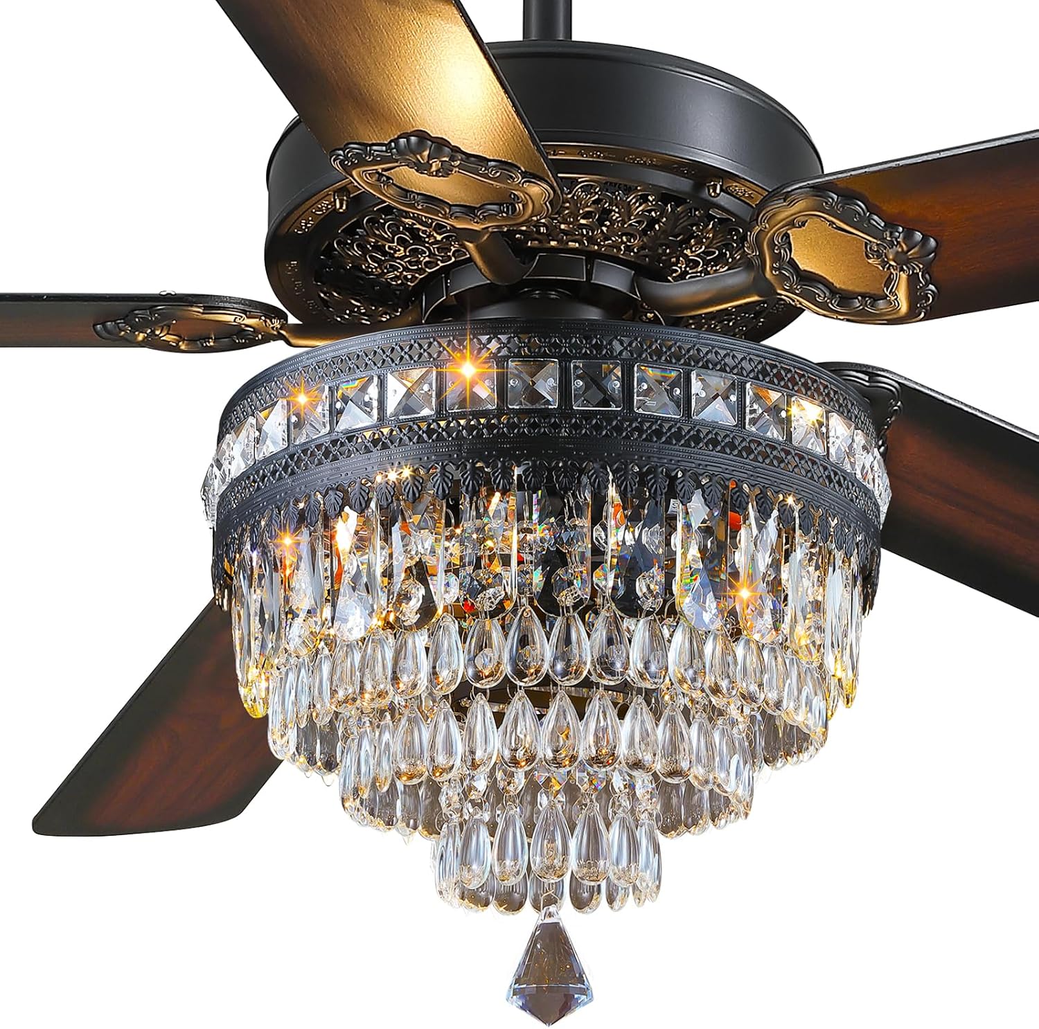 62“Crystal Ceiling Fan Fandelier with Lights - Modern Black Crystal Chandelier Fans with Remote Control，Retro/Farmhouse Lighting, Dining Room,Living Room Ceiling Fan Light with Noiseless DC Motor