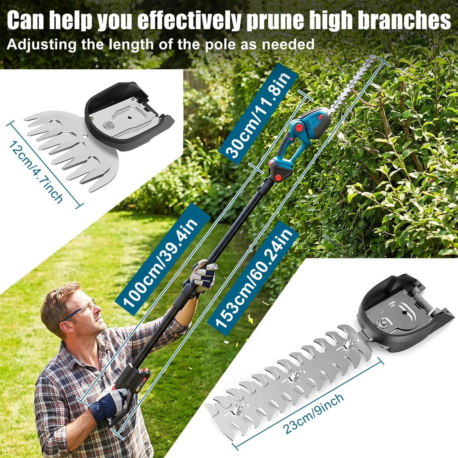 24V Akku Heckenschere mit 100cm Verlängerungsstange, 4 in 1 Akku Grasschere & Strauchschere mit 2x1500mAh Batterien, Max 5.25ft, 90° Verstellbar, Elektrogartenscheren mit 120mm+230mm Klingen