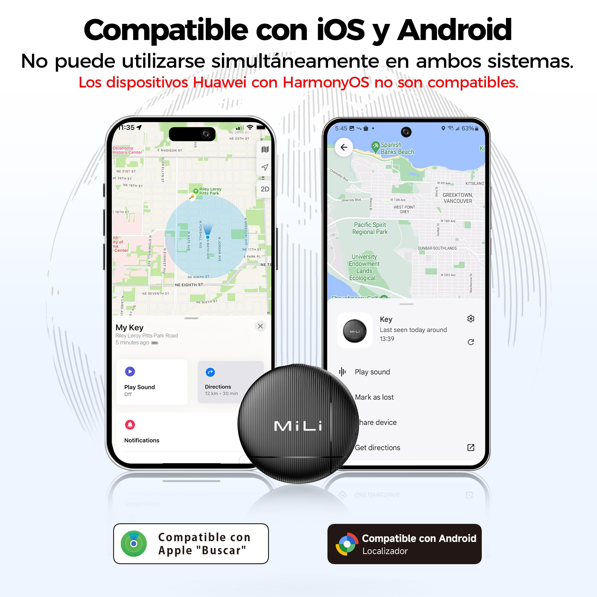 MiLi LiTag Duo Smart Tracker para iOS y Android, localizador de Llaves Compatible con Apple “Buscar” o Android “Localizador”, Pila CR2032, para Llaves, Cartera y Equipaje, Negro, Pack de 4