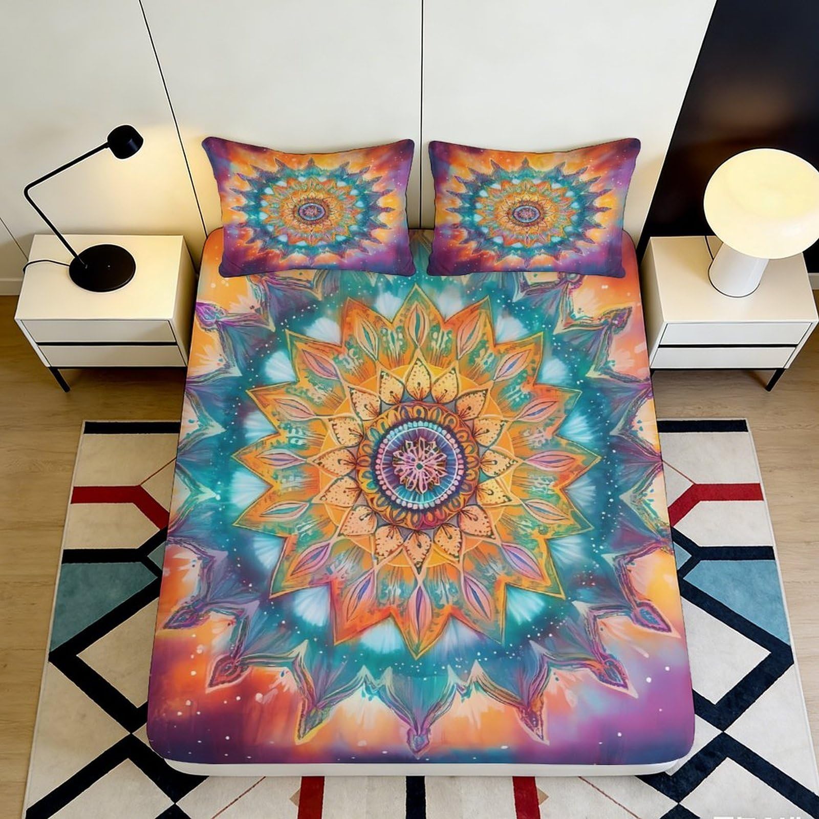 3D Printed Mandala Sunburst Fitted Sheet Microfiber Soft Gradient Abstract Mattress Cover for Bedroom Guest Room Decor 90x200x25cm