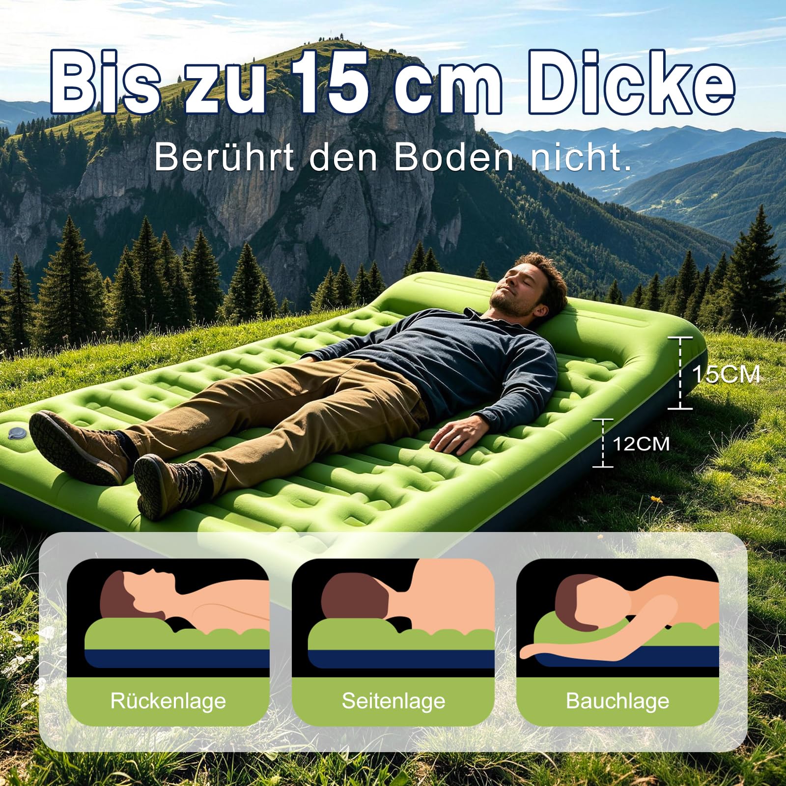 Doppel Camping Isomatte 12 cm Ultraleicht aufblasbare Camping Luftmatratze Campingmatte für 2 Personen kleines Packmaß mit Fußpumpe Kissen Luftzellenmatte für Outdoor Reise Wandern Strand
