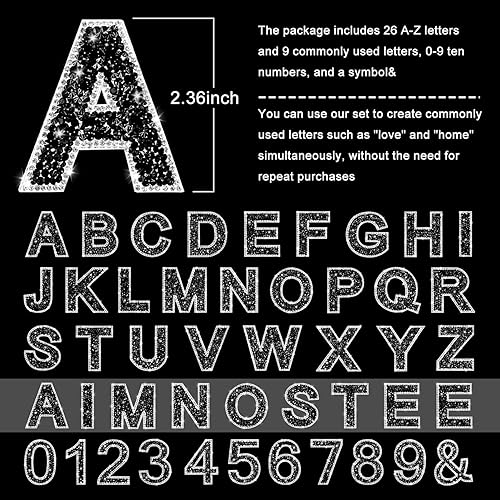 Miniatura 2 de 46 piezas de calcomanías de letras con diamantes de imitación, parches de letras para planchar con números brillantes para planchar, diamantes de