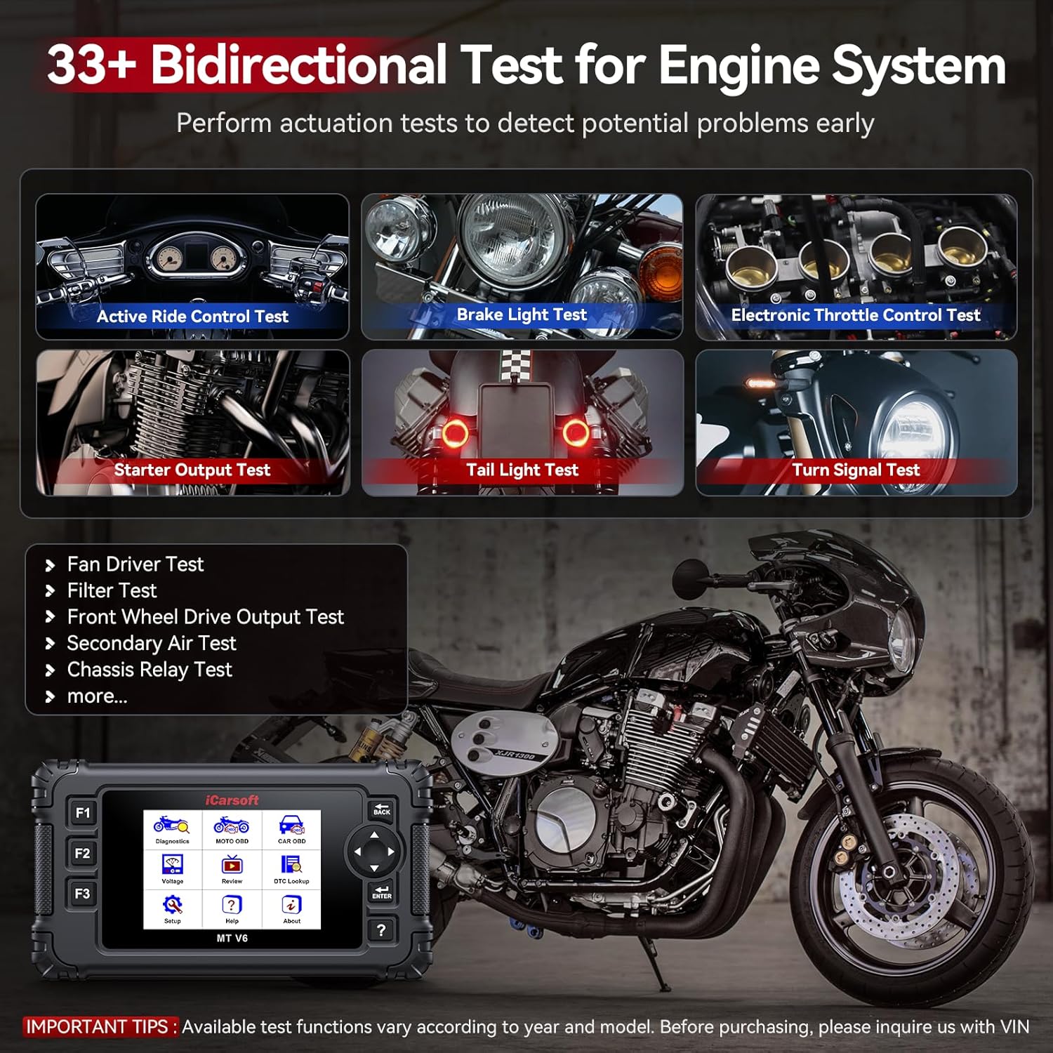 iCarsoft MT V6 for Indian Motorcycle Full System Diagnostic Tool Motorbike and Car 2-in-1 OBD2 Scanner Engine Code Reader with 33+ Active Test of Engine, AutoVIN, Battery Test, Lifetime Free Update