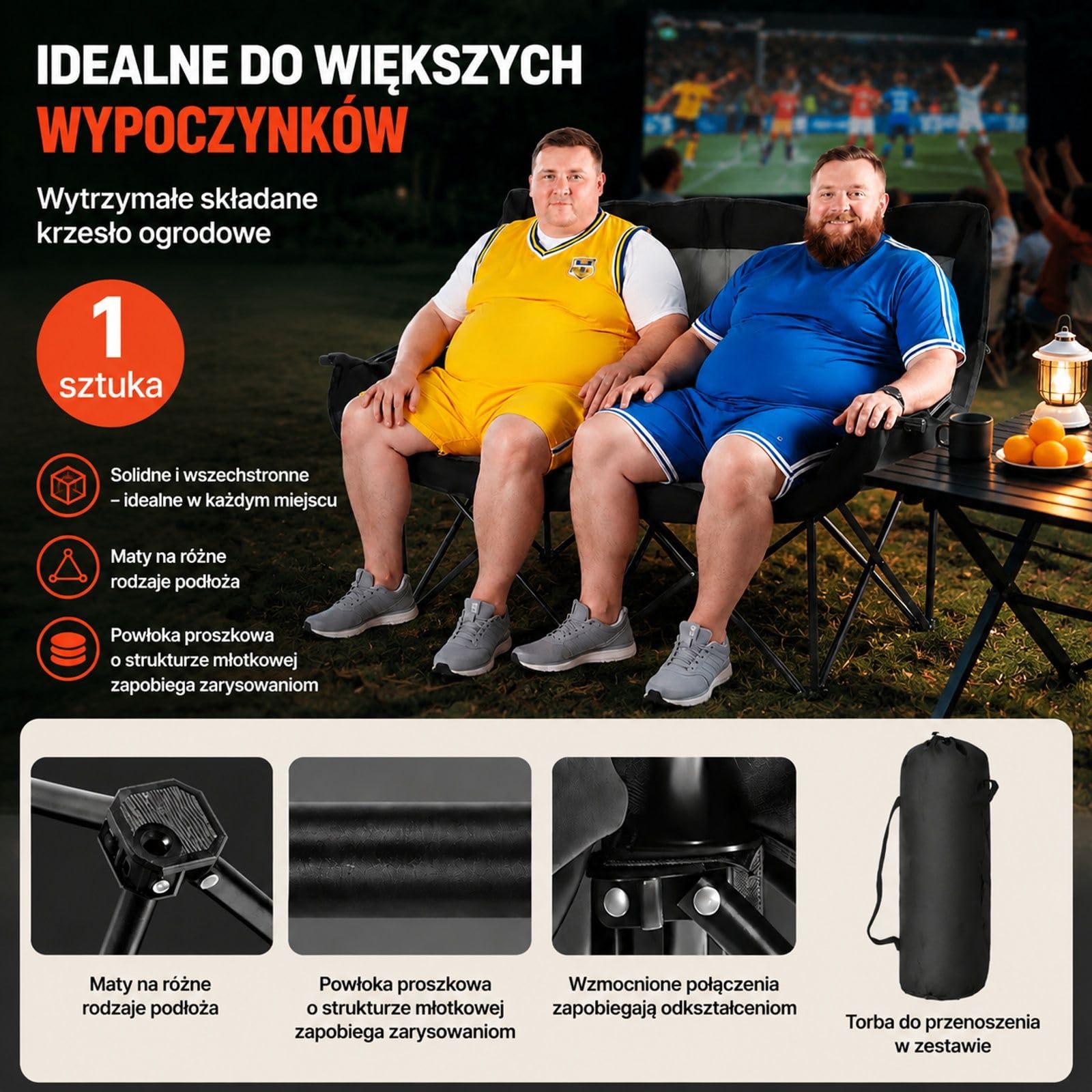 Składane krzesło kempingowe dla 2 osób, tkanina Oxford 600D, czarno-szare, uchwyty na napoje i czasopisma, torba, wędkowanie