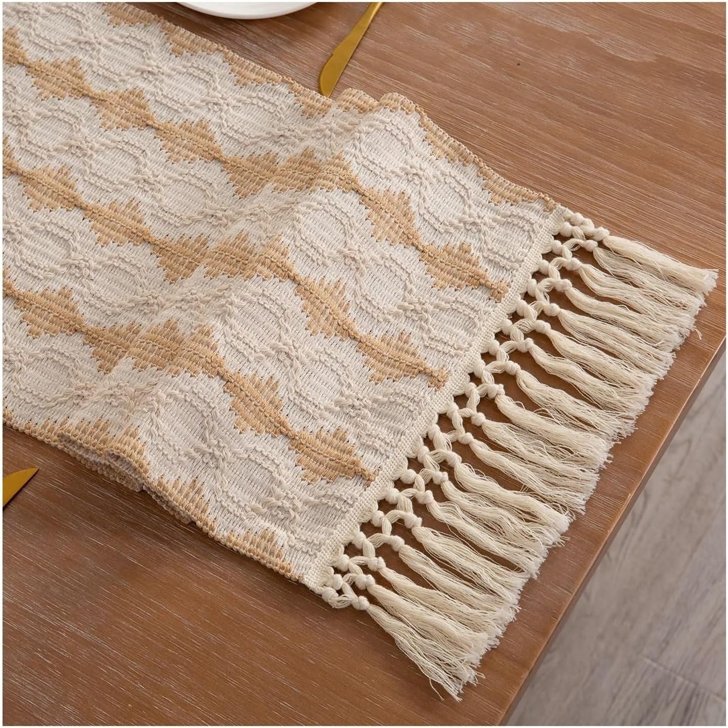 Table Runner for Living Room,12" x 71",Braided with Tassels Linen Table Runner Table Runners Khaki