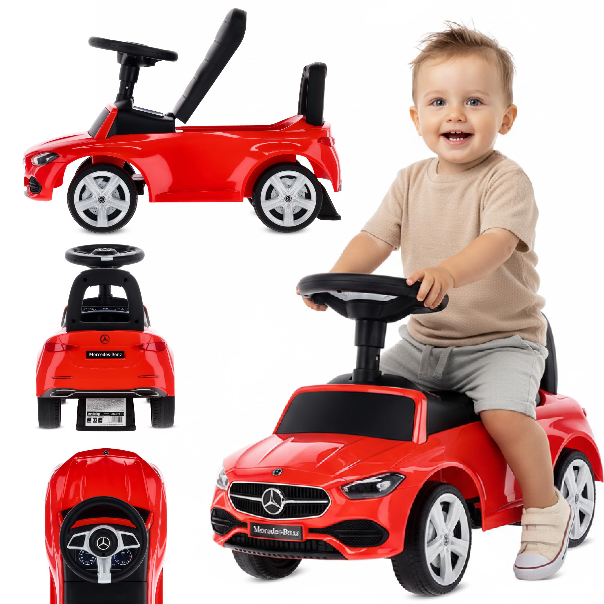 sun baby Macchinina Cavalcabile per Bambini, Macchina a spinta da 12 mesi, volante audio, sedile con schienale, vano portaoggetti sotto il sedile, protezione antiribaltamento (Rosso)
