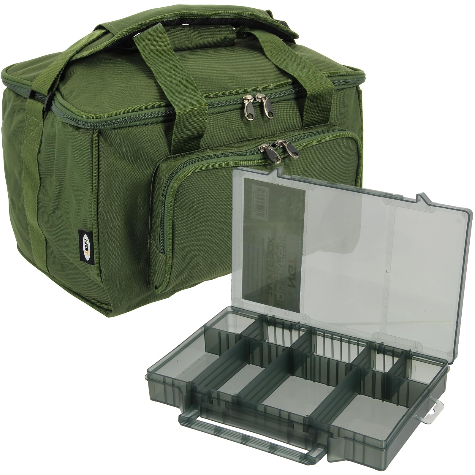 Fishing Carryall Bag Twin Compartment Storage Padded Shoulder Strap & Tackle Box with 7 Movable Dividers Durable Perfect for Various Tackle and Accessories Carp NGT