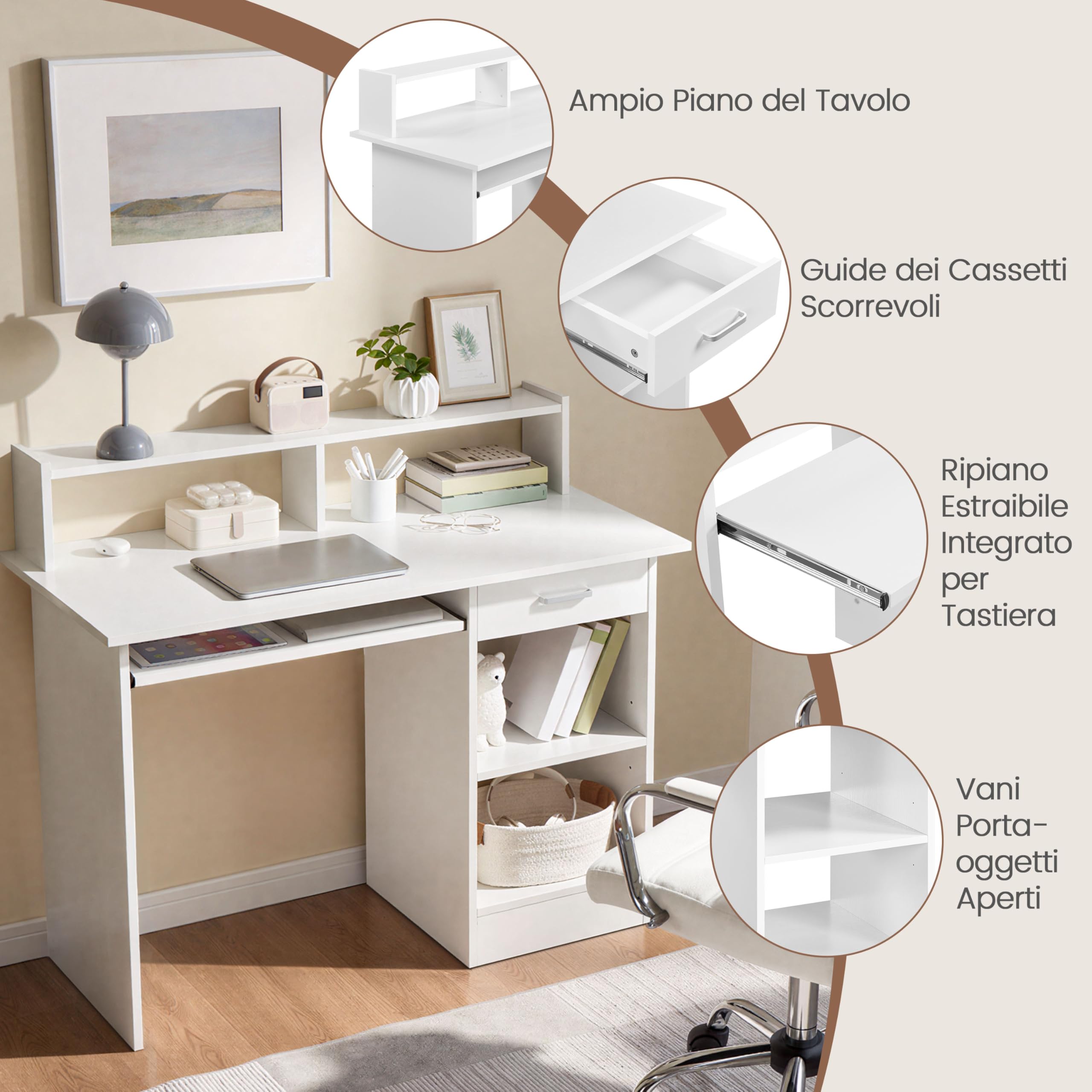Yaheetech Scrivania per Computer Bianco Tavolo per PC da Studio con Cassetto Scrittoio con Libreria da Ufficio Salvaspazio Cameretta 106 x 50 x 94 cm