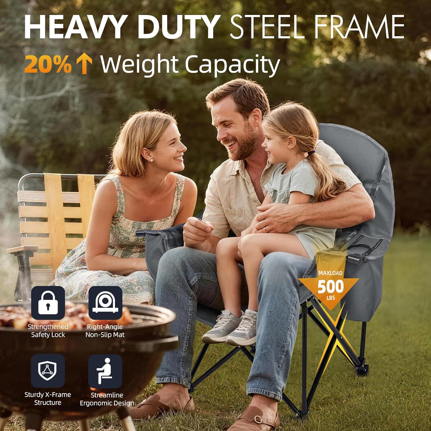 Oversized Camping Chairs for Adults - Heavy Duty Padded Outdoor Folding Lawn XL Camp Chair with Cup Holder Cooler Pockets for Outside Sports Beach Fishing Garden Portable Supports 500lbs, Grey thumbnail