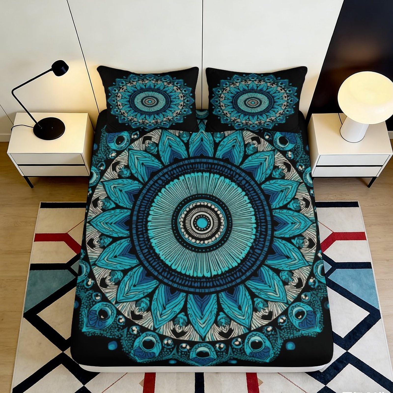Pnayamiorkfel Style-2 3D Printed Blue Mandala Fitted Sheet Microfiber Soft Non Slip Boho Ethnic Pattern Bed Cover Bedroom Decor 90X200x25cm