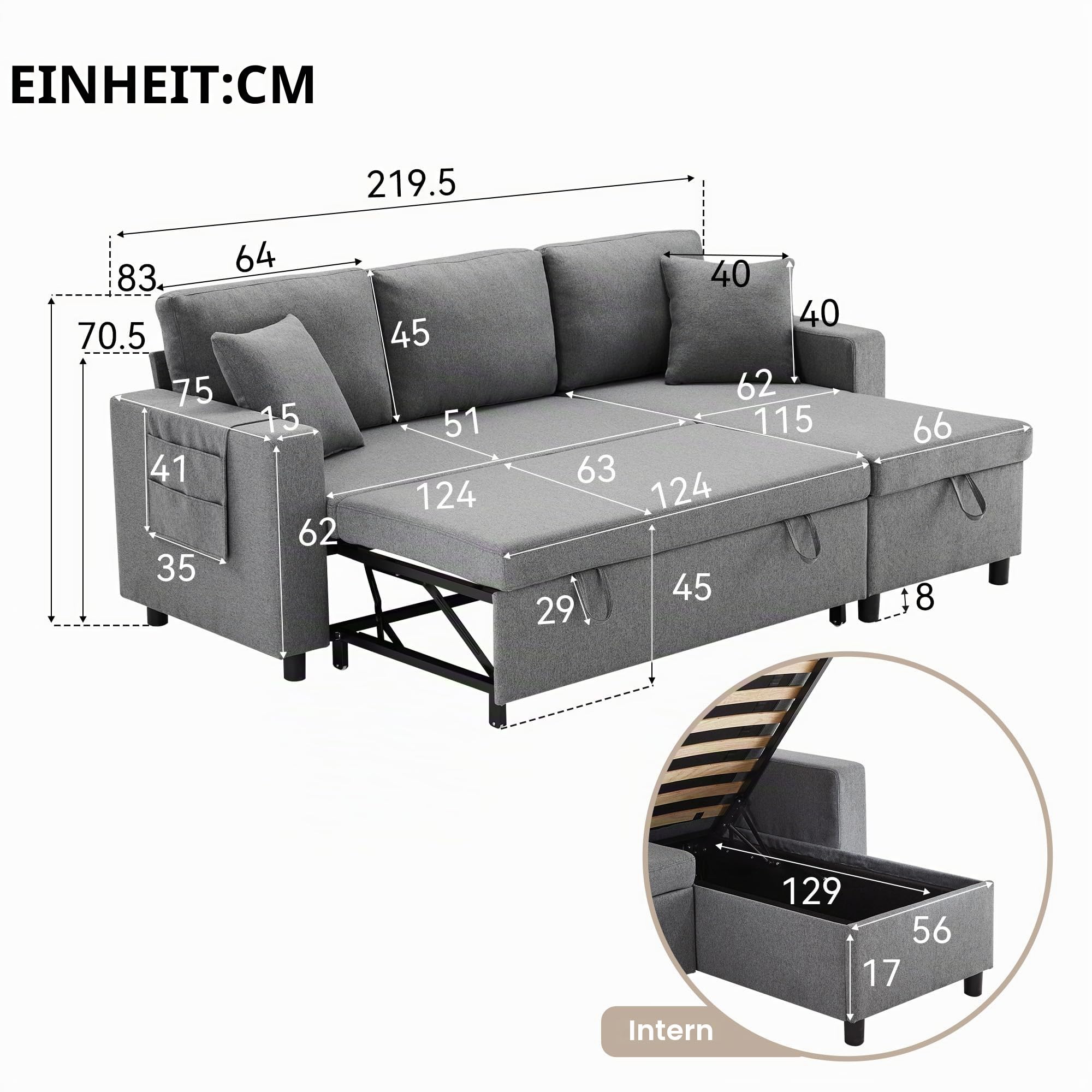 Schlafsofa mit Schlaffunktion, L-förmiges, Sofa-Chaiselongue mit Stauraum, mit Taschenaufbewahrung, Links und Rechts Austauschbare Chaiselongue, Dunkelgrau