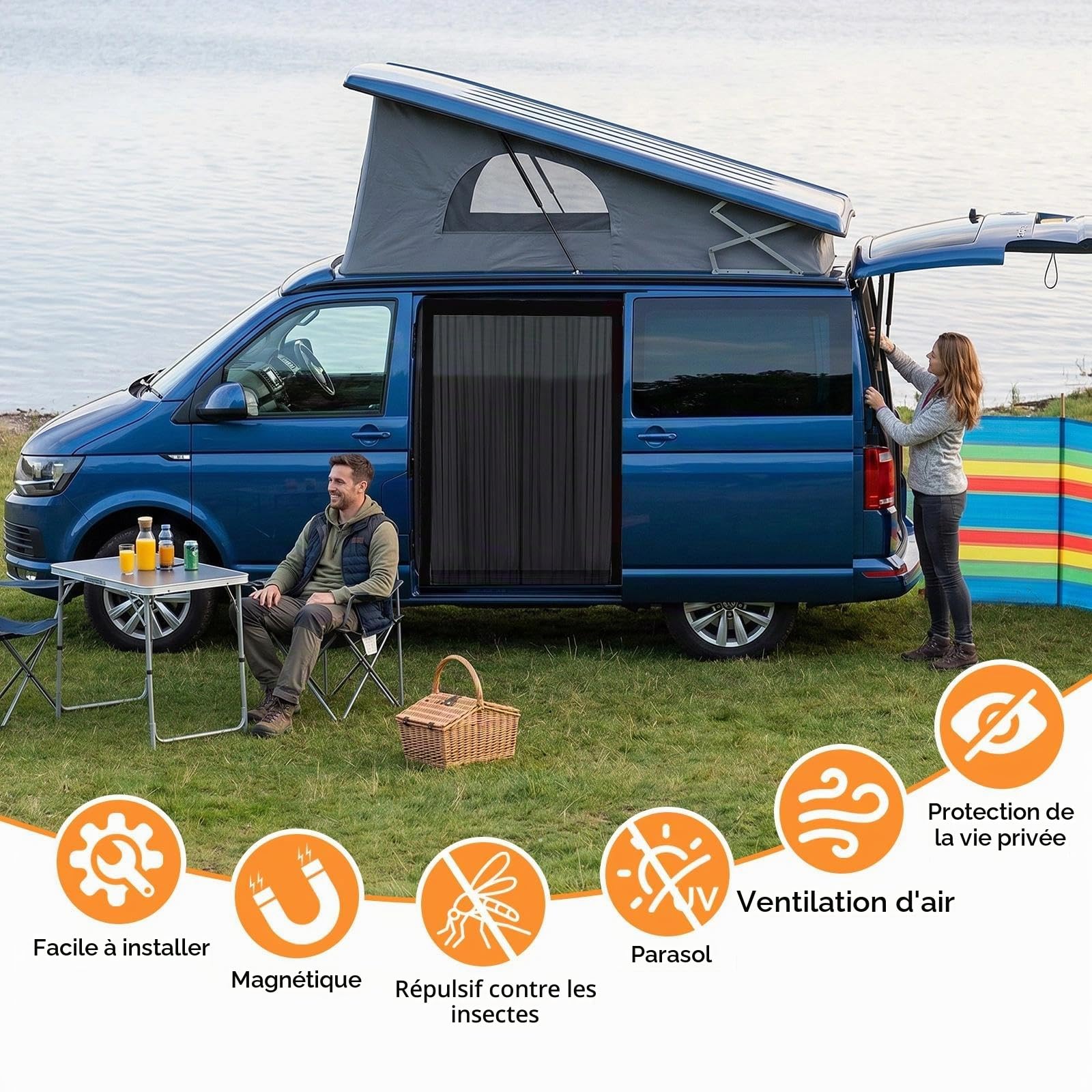 Moustiquaire Magnétique pour Porte Arrière Latérale 150x110 cm Moustiquaires en Maille Noire pour Camping Pêche Voyage et Pique Nique Extérieur