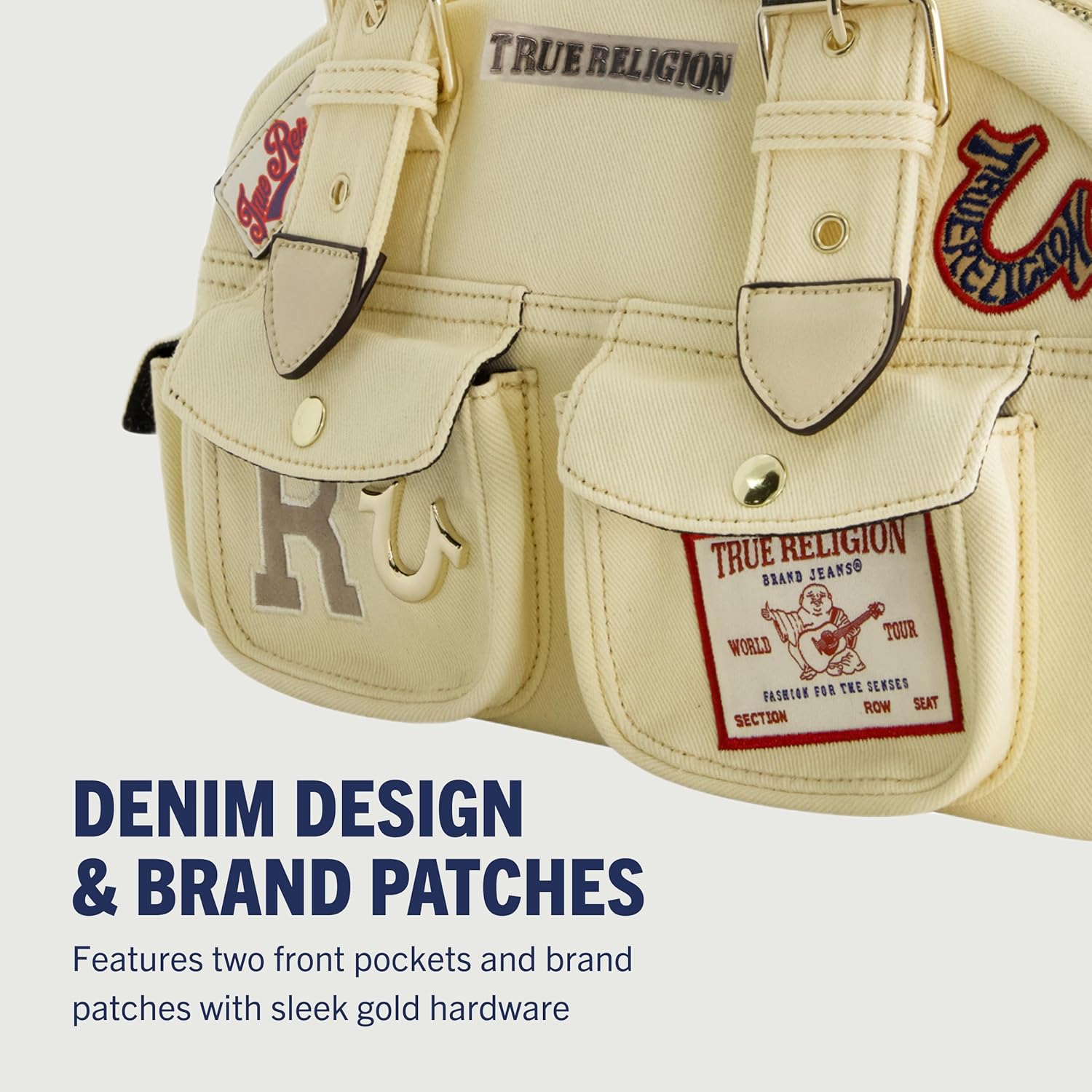 True Religion Satchel Bag, Multi-Patch Women's Handbag with Adjustable Shoulder Strap, Beige, One Size - Image 3