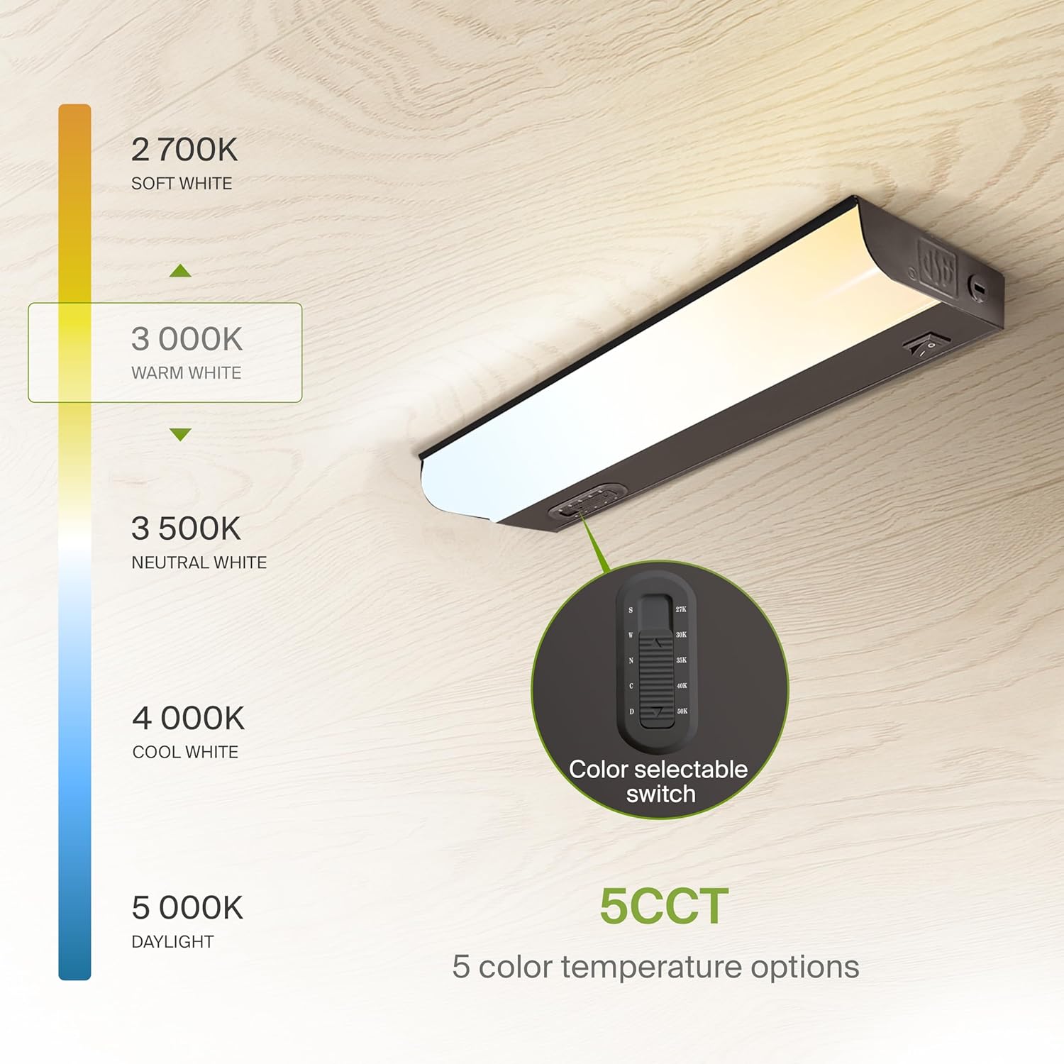 ASD LED Under Cabinet Lighting Hardwired, 12 Inch 5W 2700K-5000K Selectable, 442LM, CRI90+, Direct Wire Linkable Under Counter Lights for Kitchen, Dimmable Under Cabinet Lights, Bronze, UL Certified