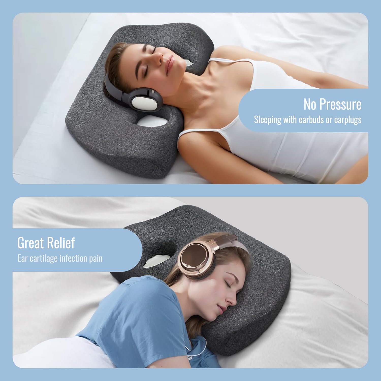 Ear Piercing Pillow for Side Sleeping, Ear Pillows with 2 Holes for Ear Pain Ear Inflammation Pressure Sores, Machine Washable Cover Memory Foam, Dark Grey