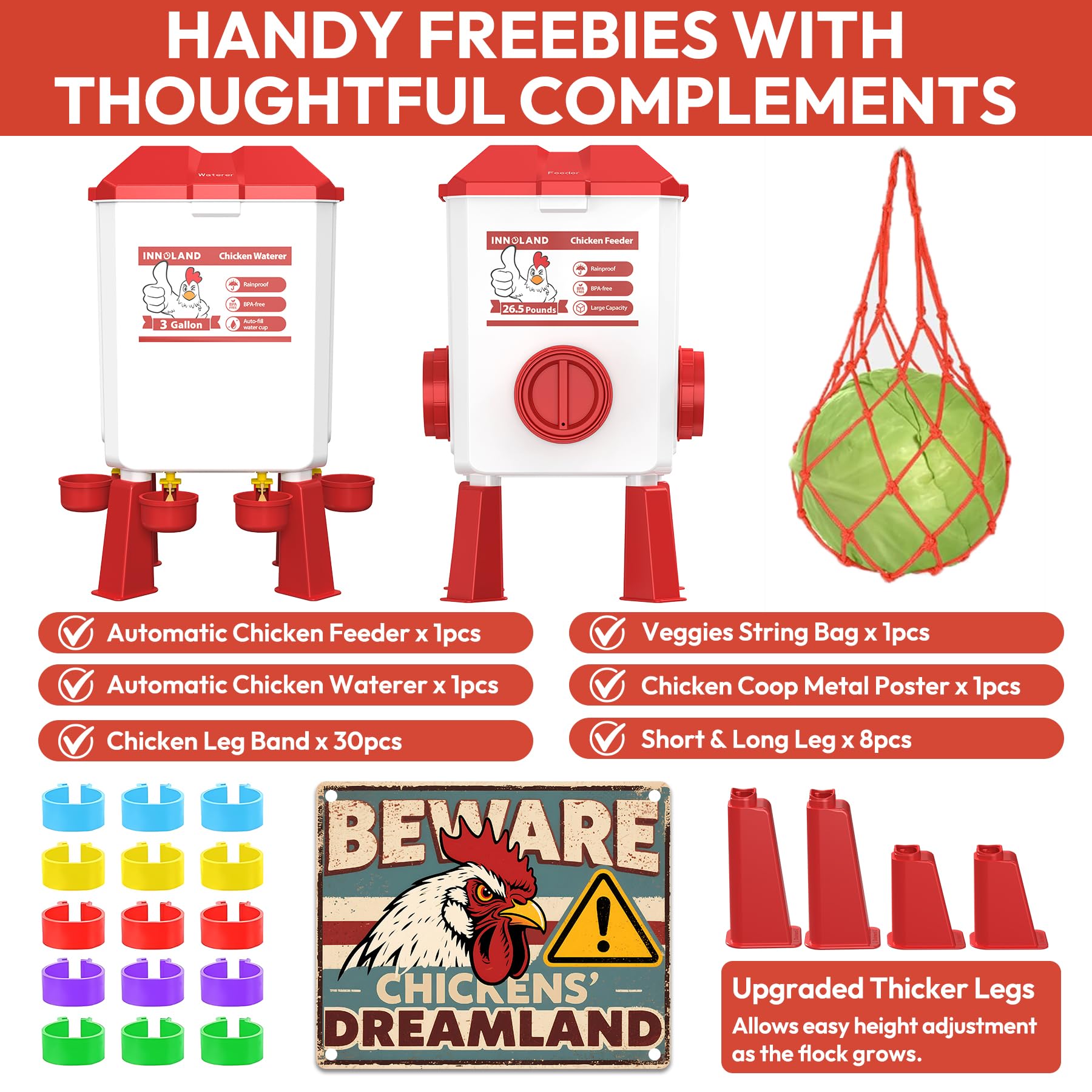 Chicken Feeder and Waterer Set - 3 Gallon/26.5 Pounds, Automatic Chicken Waterer with 4 Cups & 3 Feeder Ports, No Waste Poultry Feeders & Waterers, Chickens Coop Accessories for Hens/Ducks/Poultry - 3