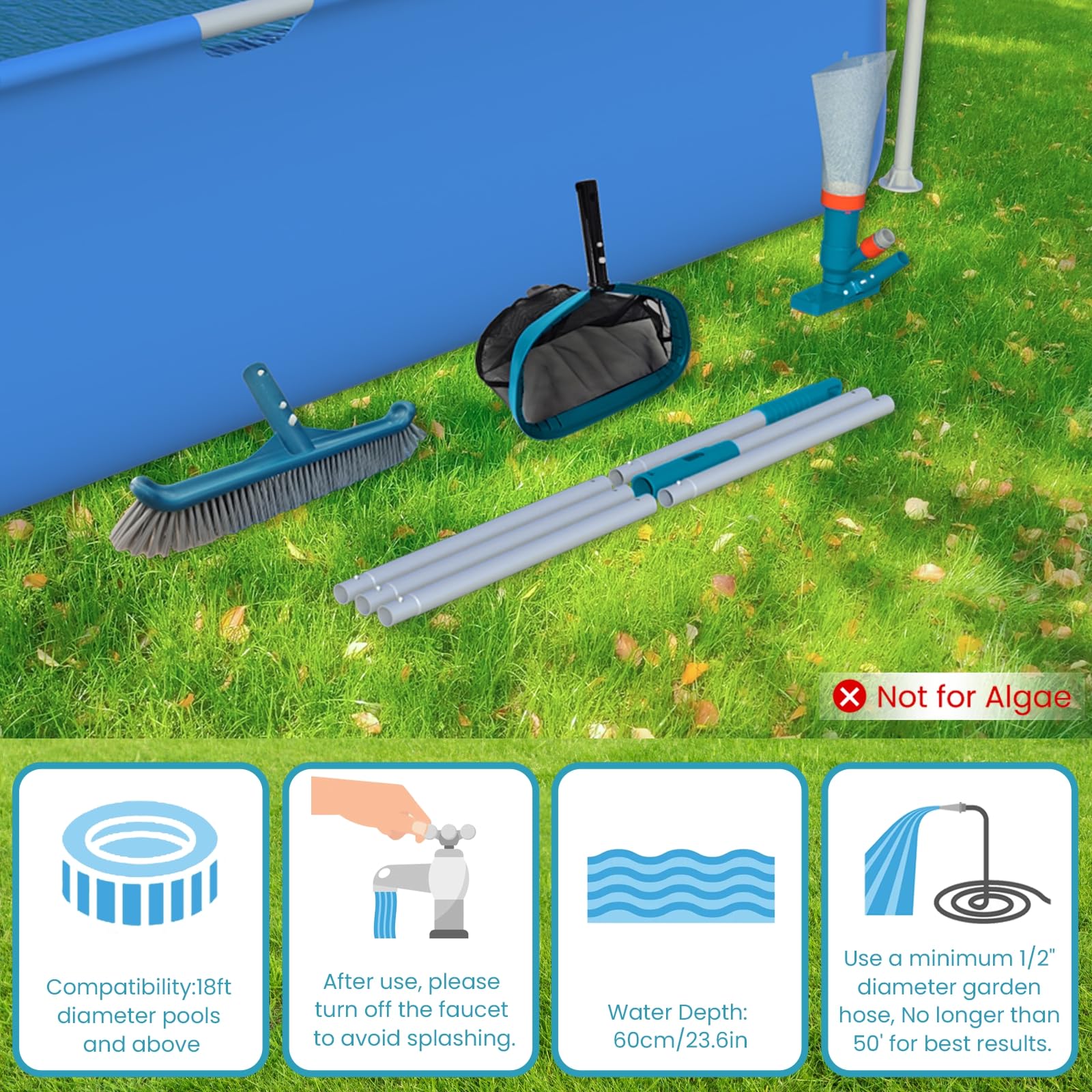 Pool-Reinigungsset für oberirdische Pools, Gartenschlauch, Pool-Staubsauger, Aluminiumrahmen, Laubbesen, Wandbürste und 2,4 m Stange zum Entfernen von Blättern und Schmutz