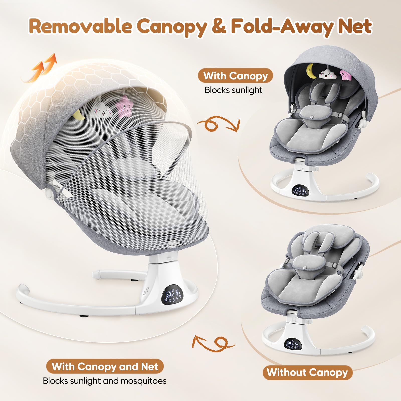 Dossier Réglable Transat Bébé Electrique, Balancelle Bébé Avec Coussin Amovible et Table D'appoint, Balançoire pour Baby avec 3 Minuteries et 5 Vitesses, 12 Mélodies, 3 Options D'alimentation (Gris)