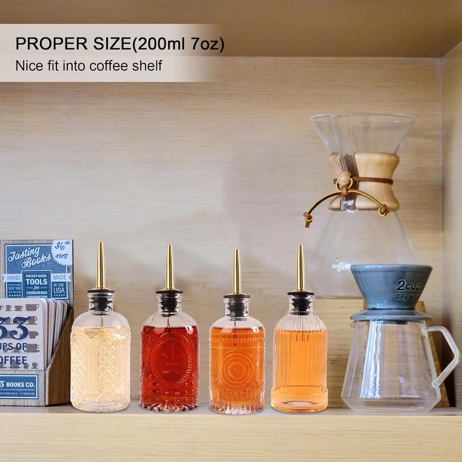 Glass Syrup Dispenser Set - 4 Pack 7oz Bottles with Metal Pour Spouts, Stoppers, Spoons for Coffee, Tea, Vanilla, Caramel, Honey image 8 of 9 B0C4T3XNBH