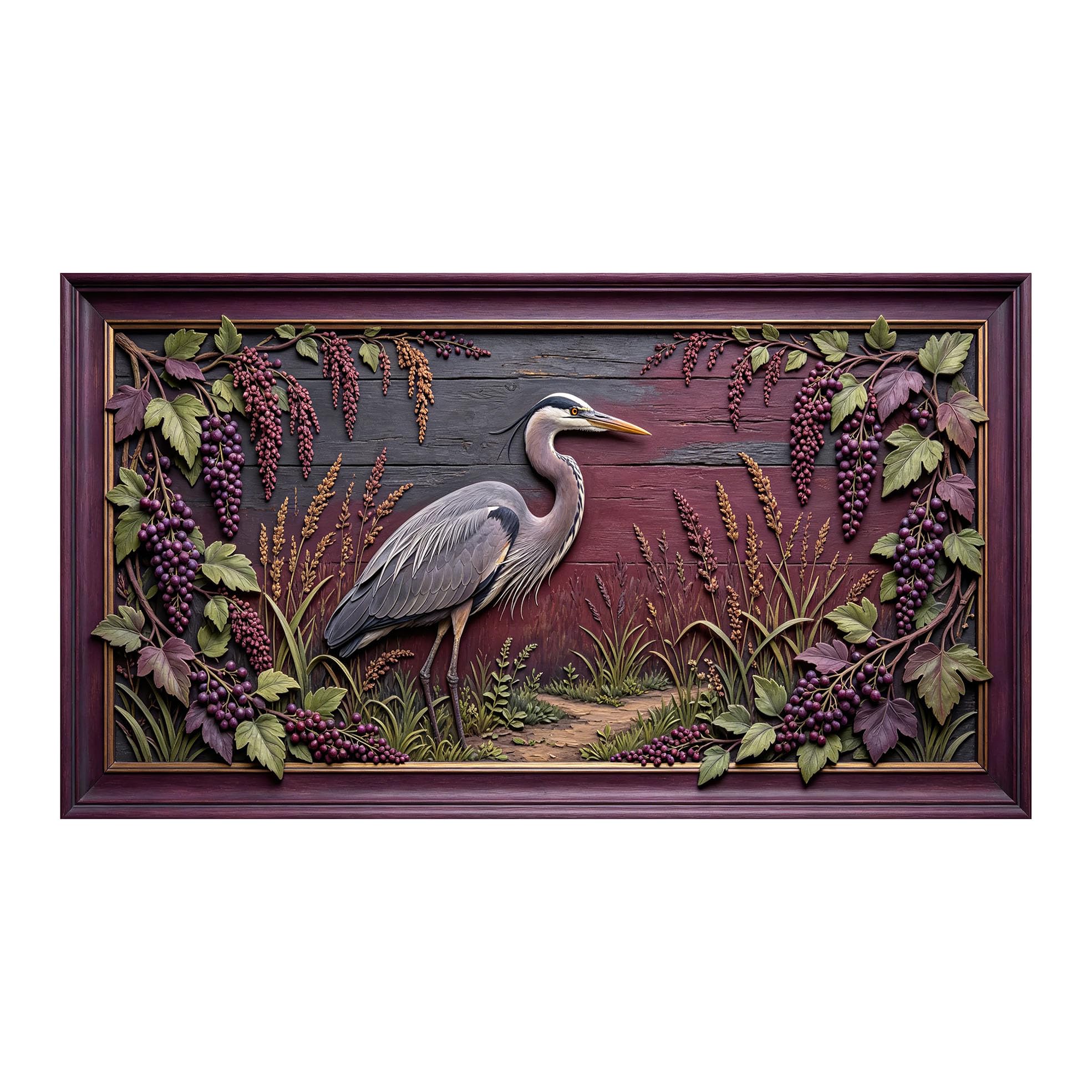Murasolite 3D 3D Framed Wall Art 50cm×90cm Heron in Vineyard Rustic Botanical Relief Effect SelfAdhesive Fabric Mural Wall Decor, Peel and Stick No Damage to Wall for Bedroom Living Room