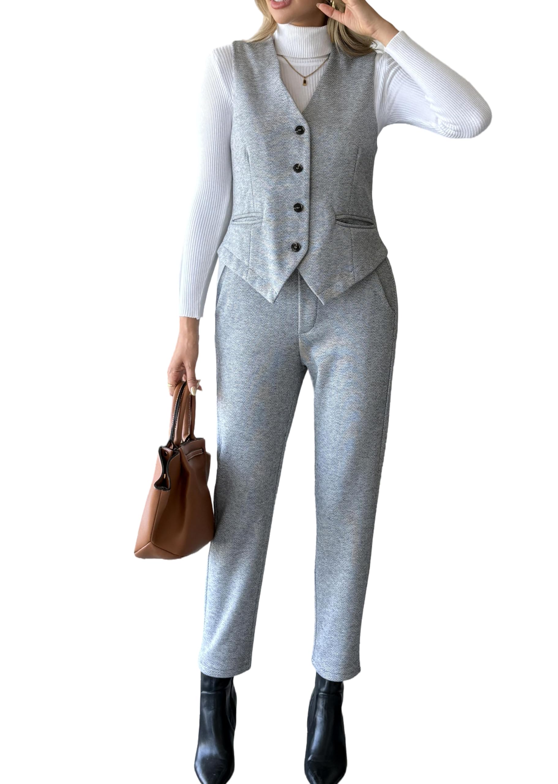 Womens 2 Piece Outfits Wool Blend Vest Waistcoat Dressy Casual Sets Winter Thick Cropped Pants Suits