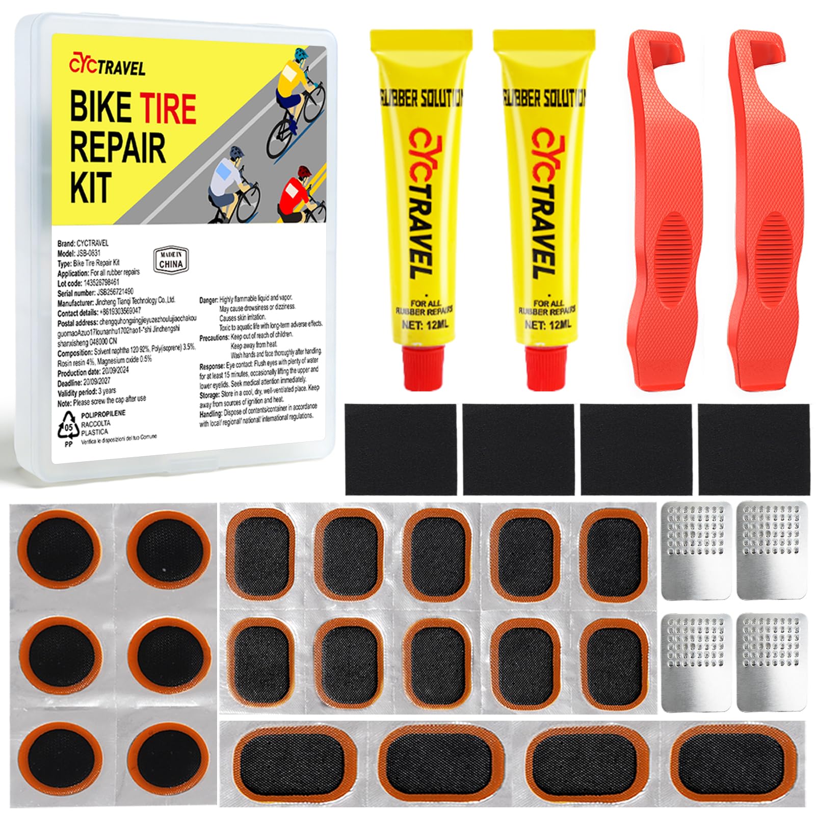 cyctravel Puncture Repair Kit Bike Tyre, High Performance Puncture Repair Patches, Bike Puncture Repair Kit Includes 20 PCS Puncture Repair Patches, 2 Crowbars, Suitable for Mountain Bikes, Road Bikes