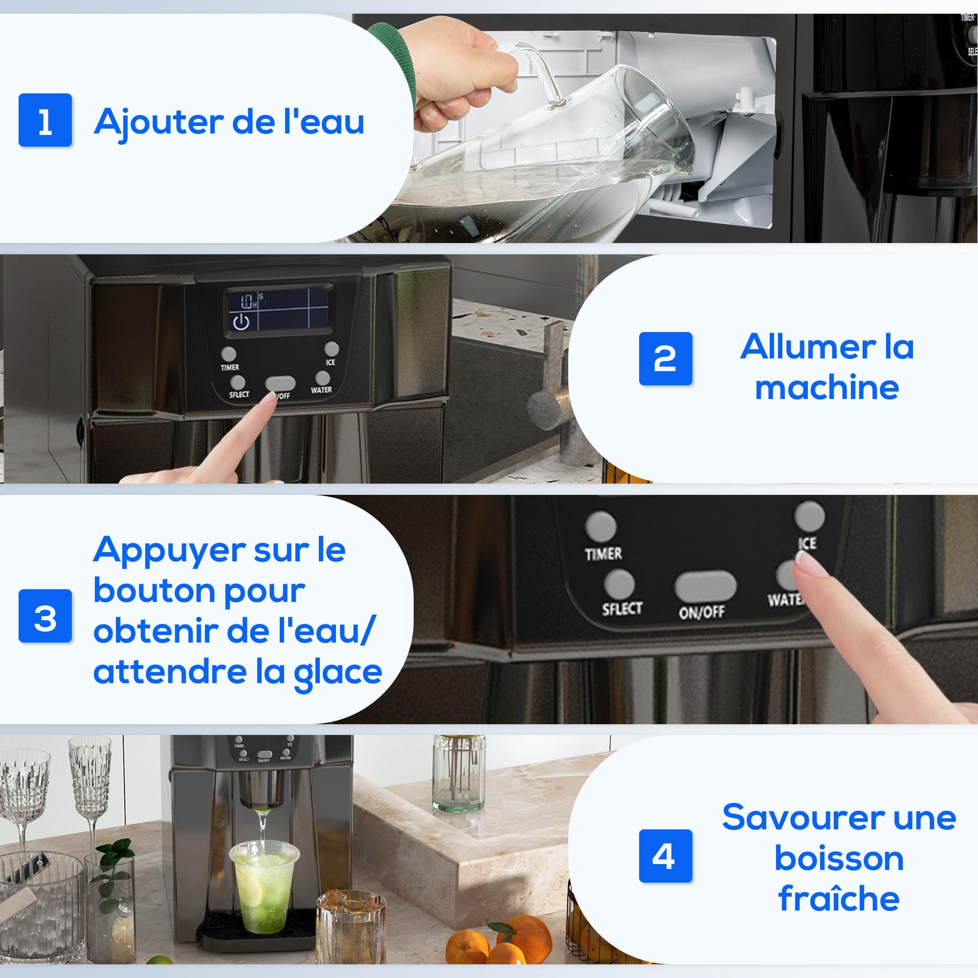 HOMCOM Machine à Glaçons avec Distributeur d'Eau, 12kg en 24h, 9 Glaçons en 6-10 Minutes, Ice Maker Portable, Taille de Glaçon Réglable, Minuterie, Réservoir d'Eau 3L, pour Maison, Cuisine, Bar, Noir