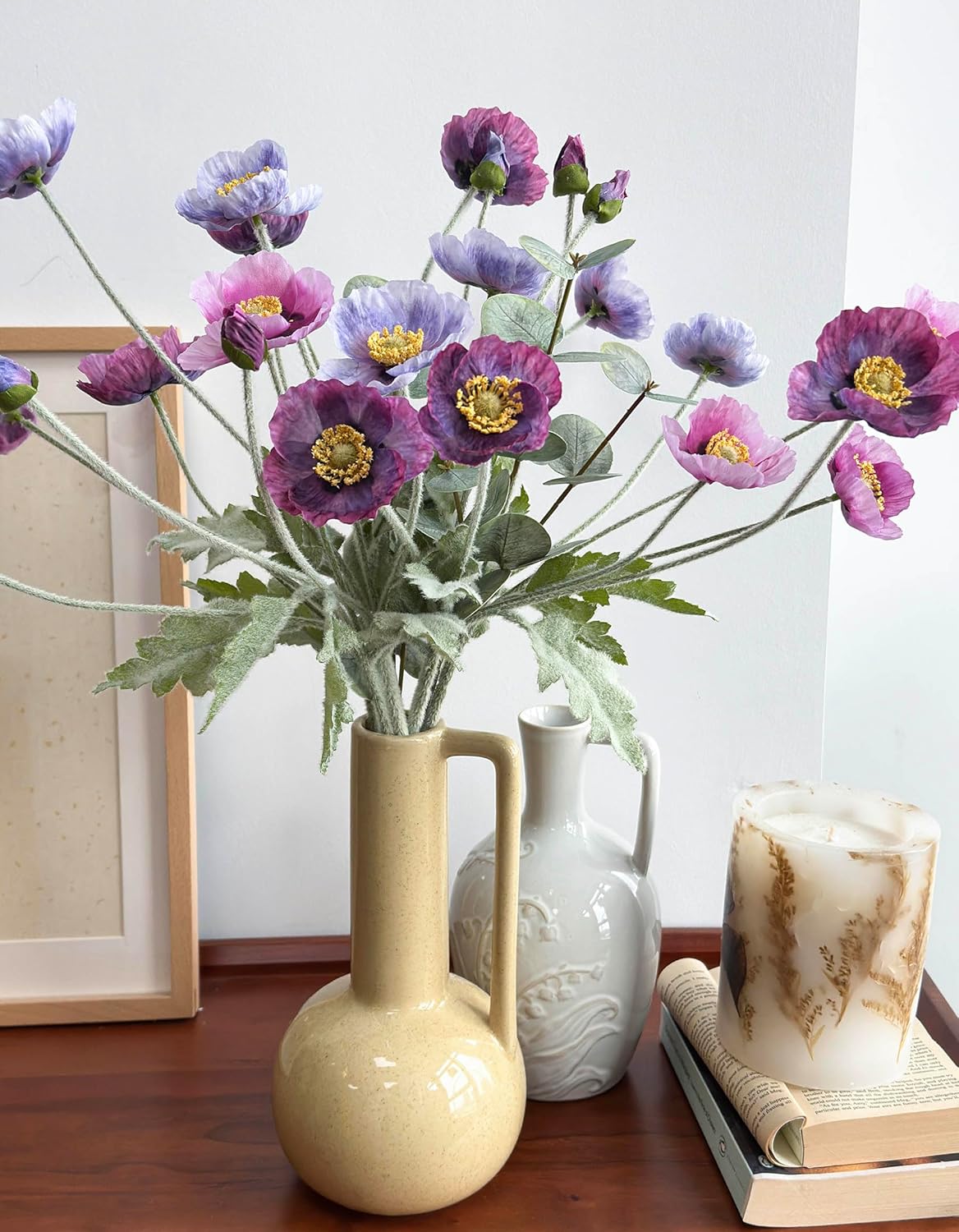 6 Long Stem Poppies Flowers Artificial and 2 Eucalyptus for Tall Vase, Realistic Silk Purple Flowers Fake for Indoor Home Centerpieces Tables Office Decor, Wedding Bridal Party Decorations
