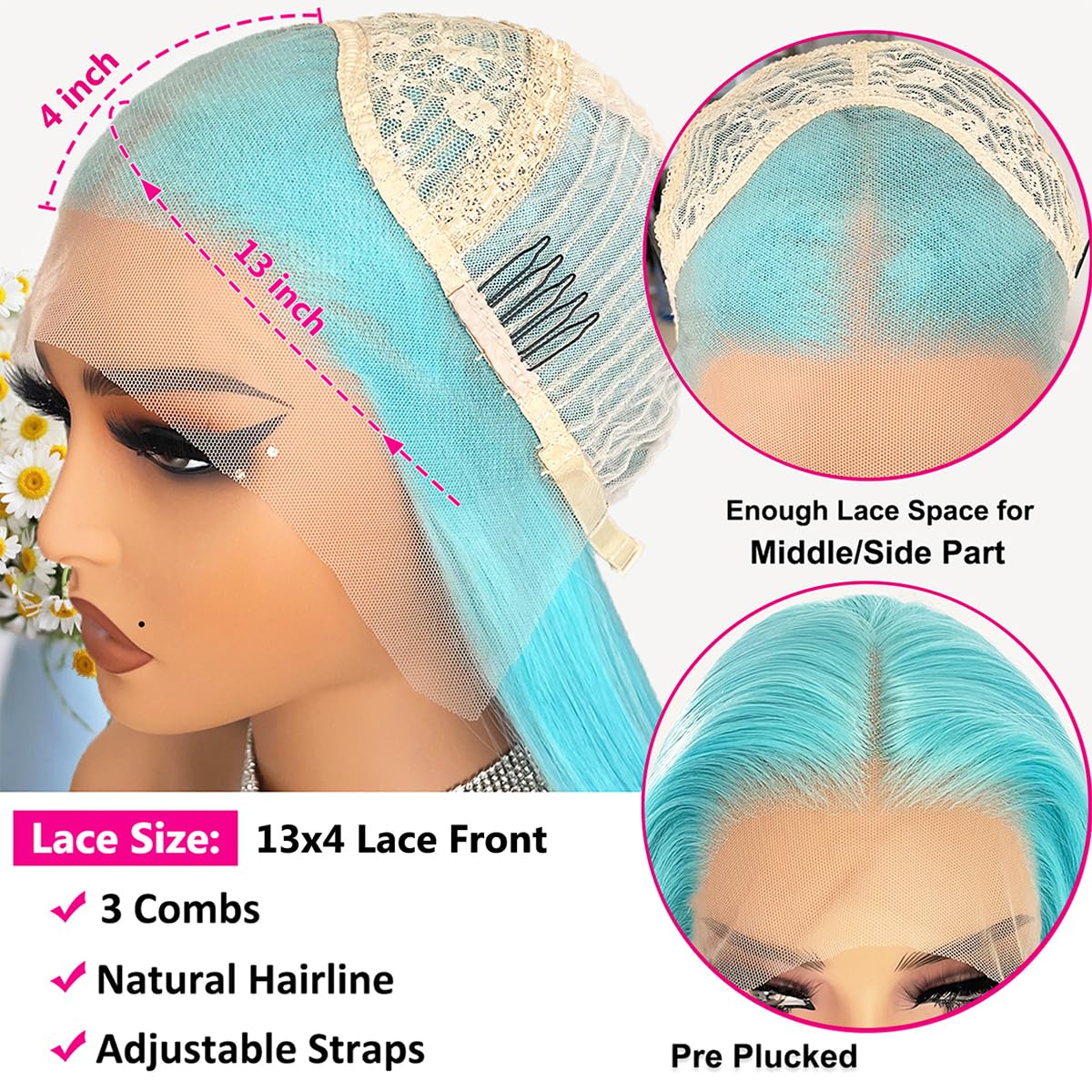Blue Lace Front Wigs Long Straight Hair Ombre Blue Color Wig Heat Resistant Synthetic Lace Front Wigs for Fashion Women